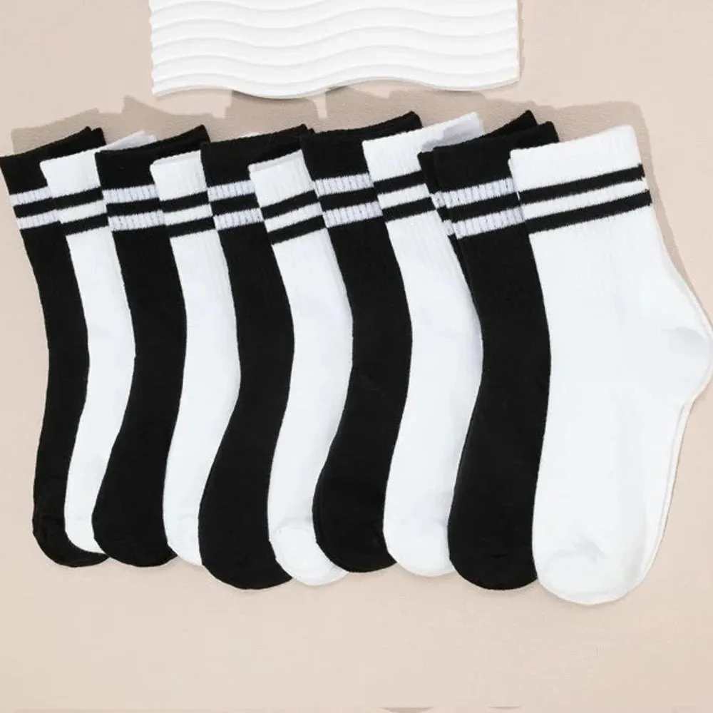 10 Pairs High Tube Mid-Length Women's Socks Set - Solid Black and White, Fashionable Sweat Absorbent Design