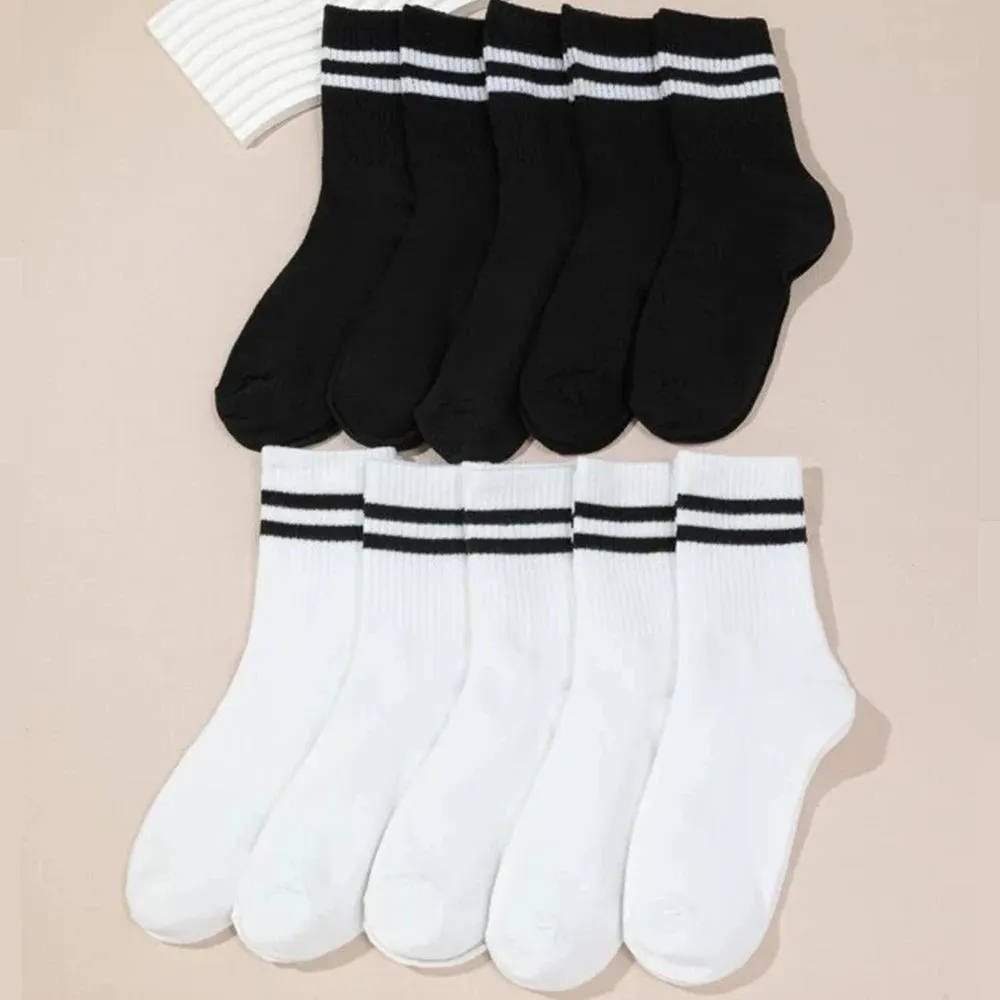 10 Pairs High Tube Mid-Length Women's Socks Set - Solid Black and White, Fashionable Sweat Absorbent Design