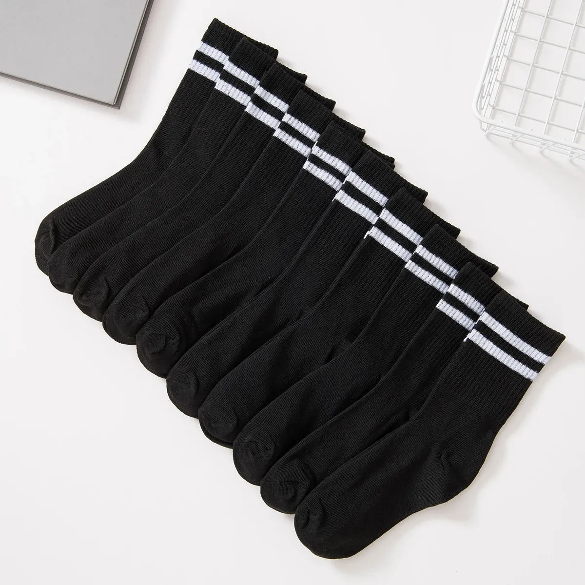 10 Pairs High Tube Mid-Length Women's Socks Set - Solid Black and White, Fashionable Sweat Absorbent Design