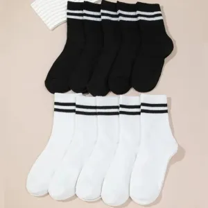 10 Pairs High Tube Mid-Length Women's Socks Set - Solid Black and White, Fashionable Sweat Absorbent Design