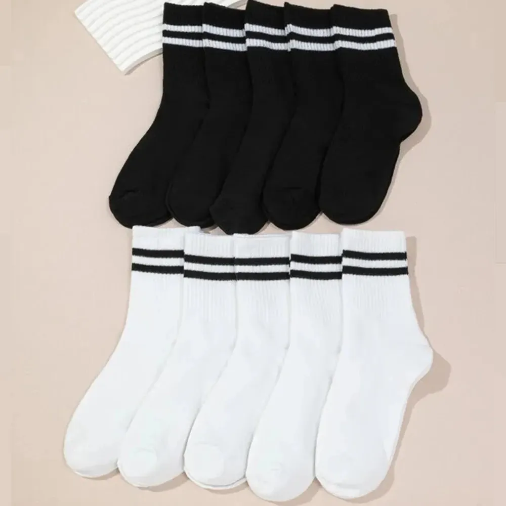 10 Pairs High Tube Mid-Length Women's Socks Set - Solid Black and White, Fashionable Sweat Absorbent Design