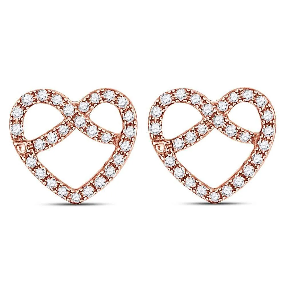 10K Rose Gold Round Diamond Pretzel Heart Stud Earrings 1/6 CTTW