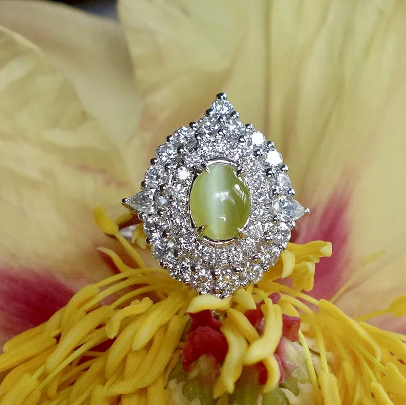 18k gold Cat's Eye Chrysoberyl Diamond Ring, 18k White Gold Size 7 CLEARANCE