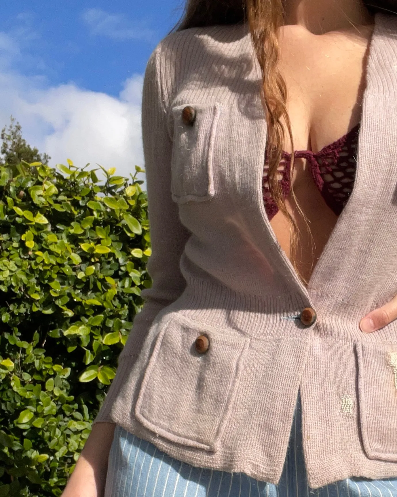 1930s Lilac Wool Knit Womens Pocket Cardigan