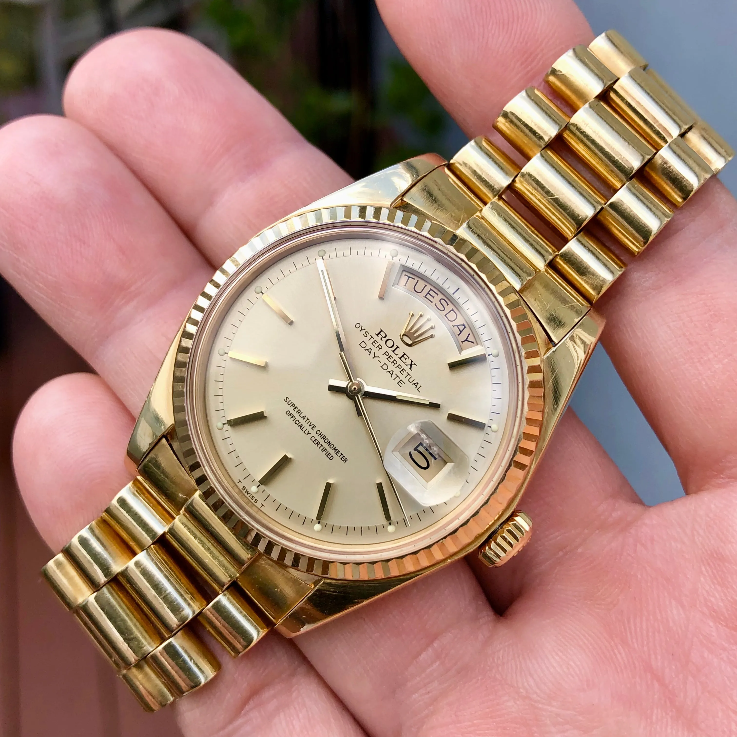 1972 Rolex President 1803 Day Date Yellow Gold Pie Pan Champagne Dial Wristwatch