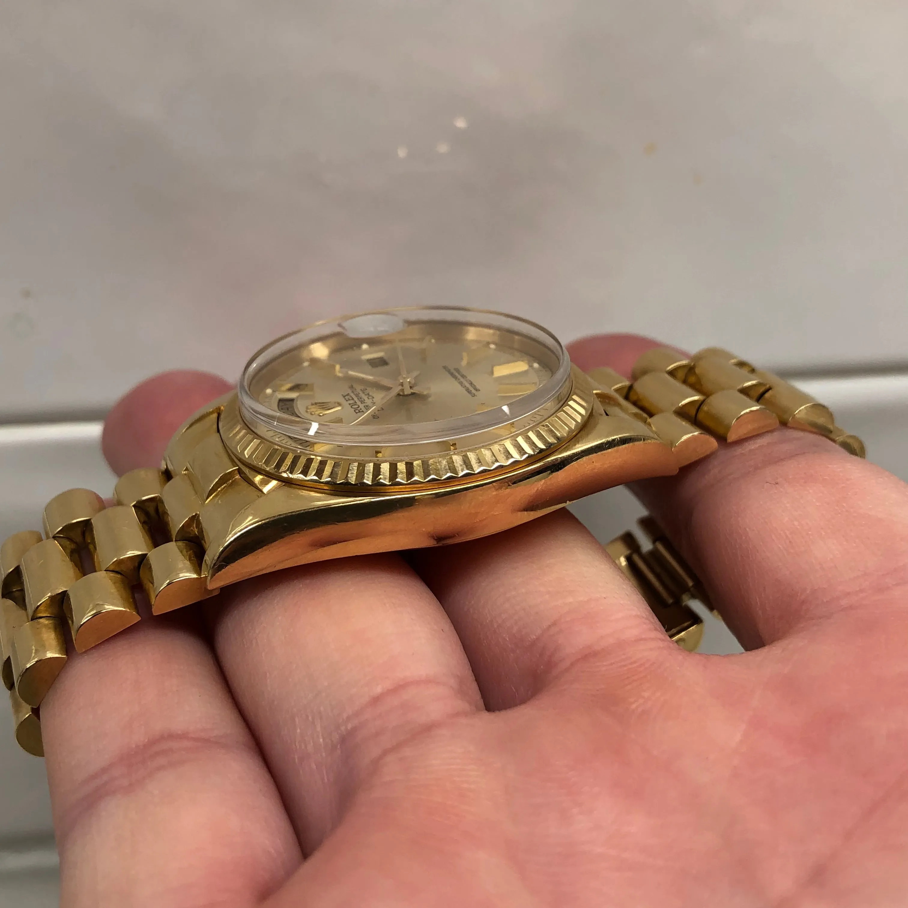 1972 Rolex President 1803 Day Date Yellow Gold Pie Pan Champagne Dial Wristwatch