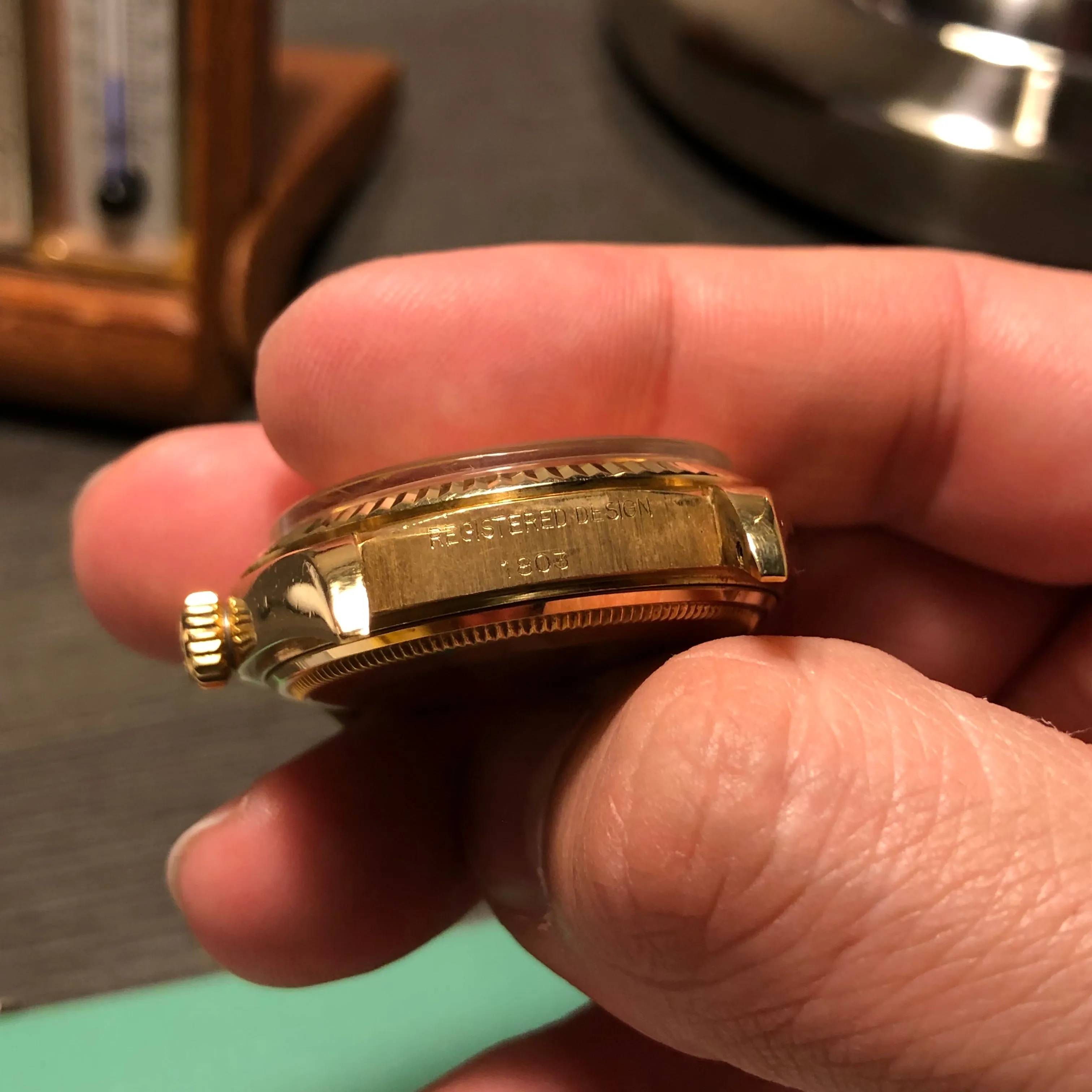 1972 Rolex President 1803 Day Date Yellow Gold Pie Pan Champagne Dial Wristwatch