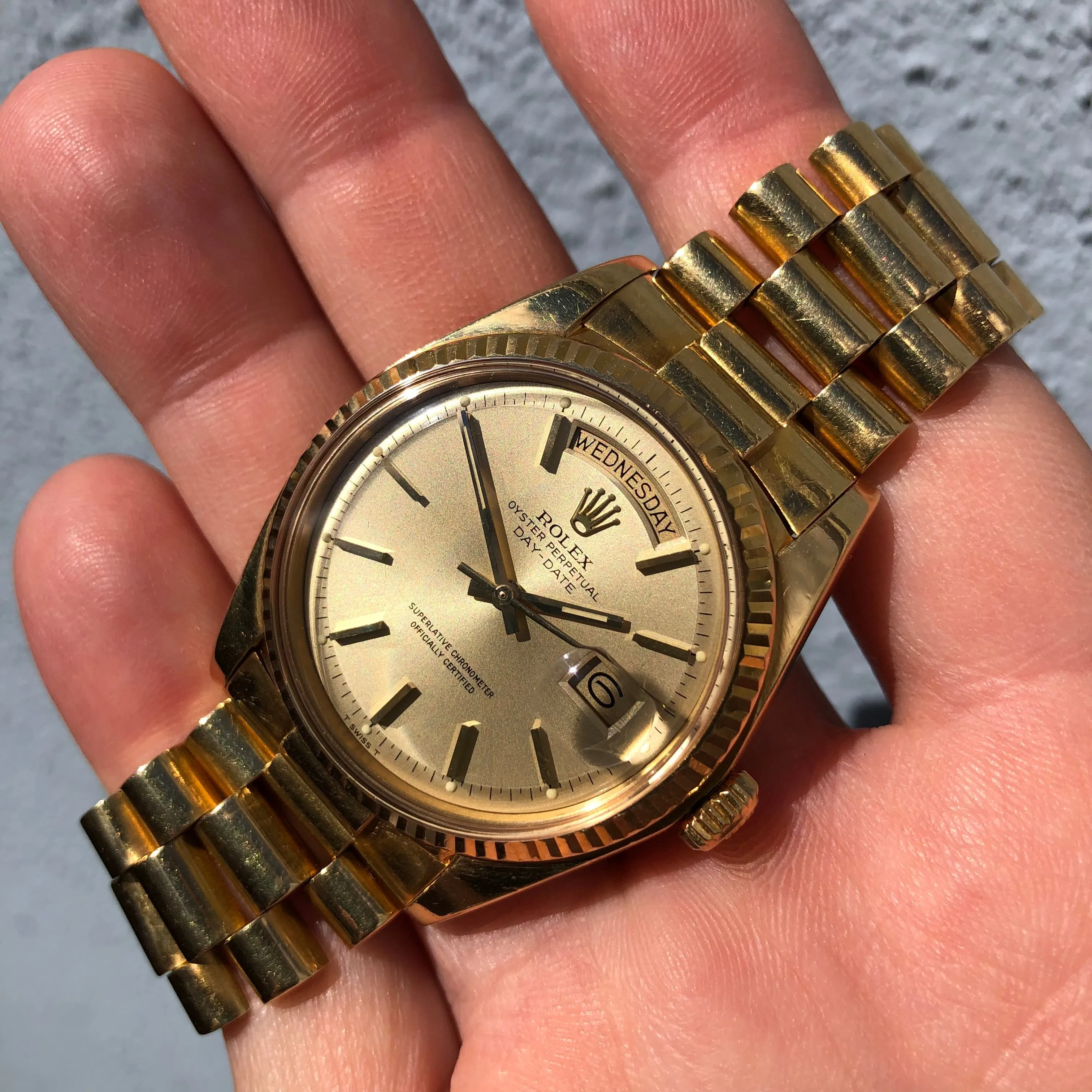 1972 Rolex President 1803 Day Date Yellow Gold Pie Pan Champagne Dial Wristwatch