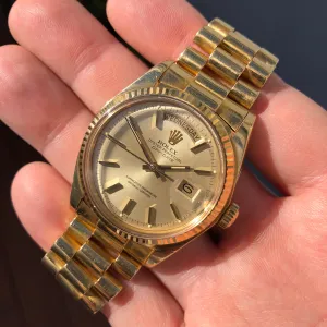 1972 Rolex President 1803 Day Date Yellow Gold Pie Pan Champagne Dial Wristwatch