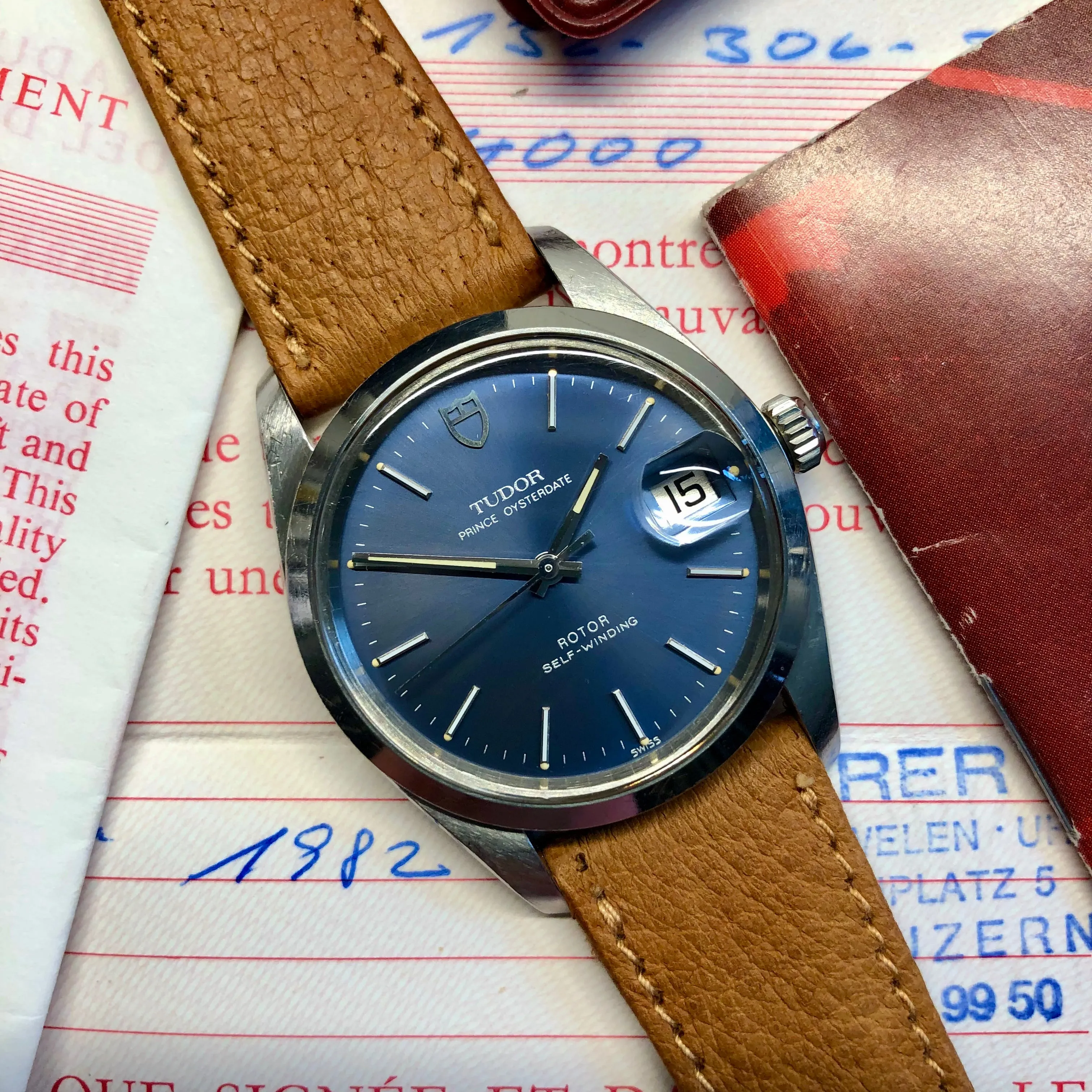 1982 Tudor Prince Oysterdate 74000 Steel Blue Dial Automatic Wristwatch with Box Papers