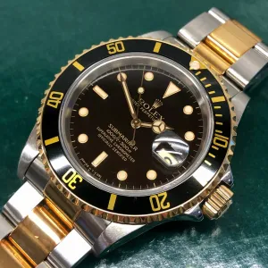 1989 Rolex Submariner 16613 Two Tone Black Steel 18K Gold Wristwatch