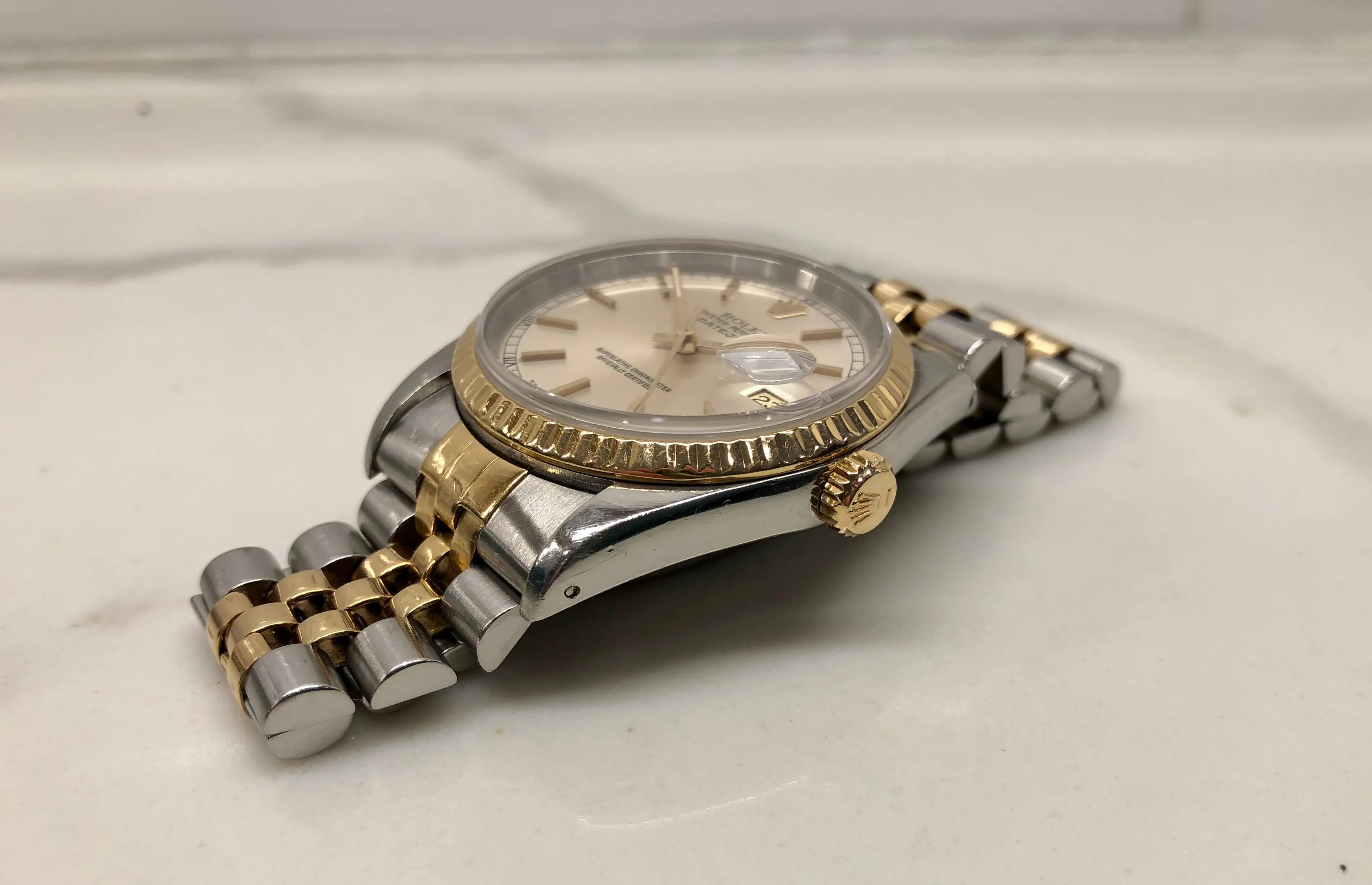 1990 Rolex Datejust 16233 Silver Stainless Steel Gold Two Tone Jubilee Wristwatch