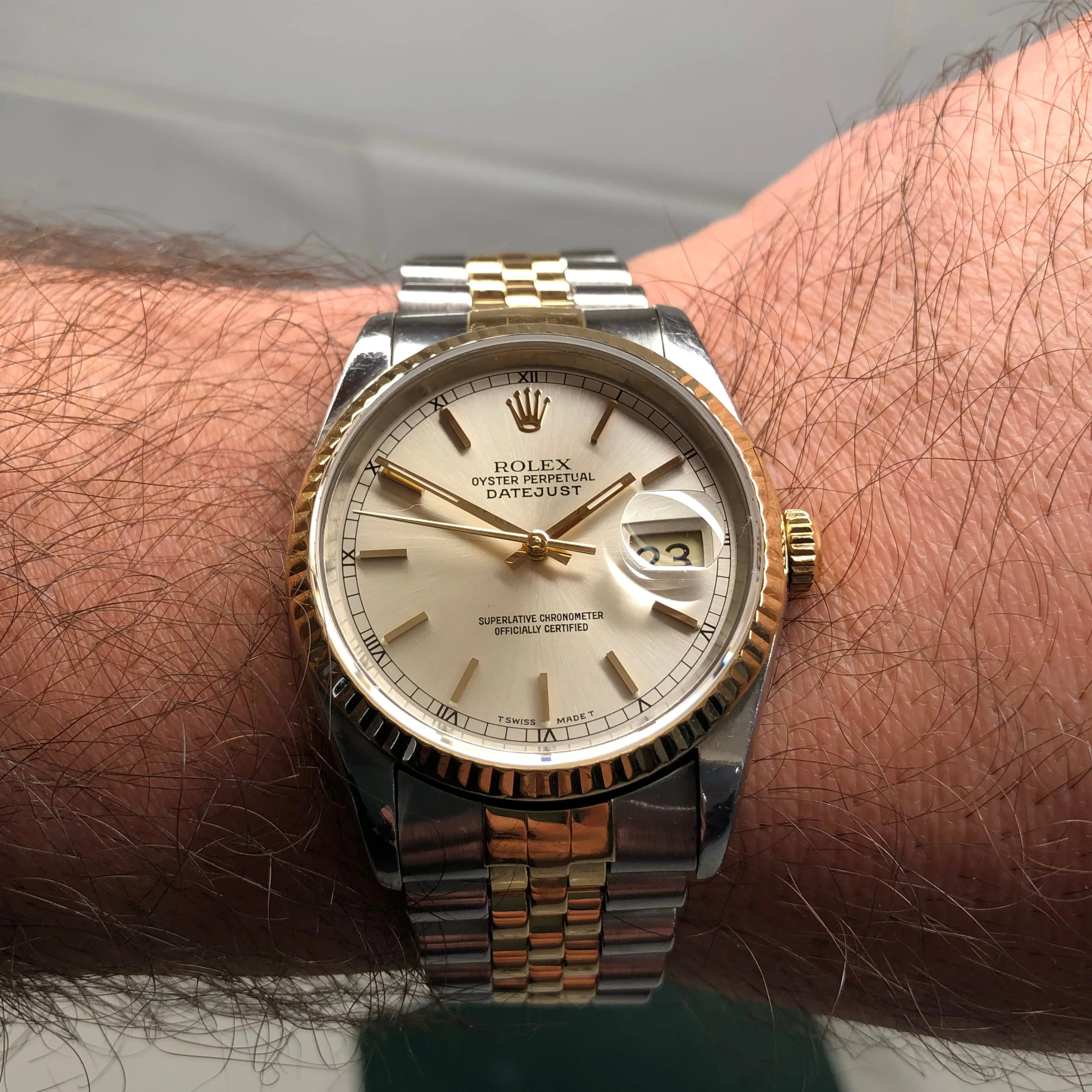 1990 Rolex Datejust 16233 Silver Stainless Steel Gold Two Tone Jubilee Wristwatch