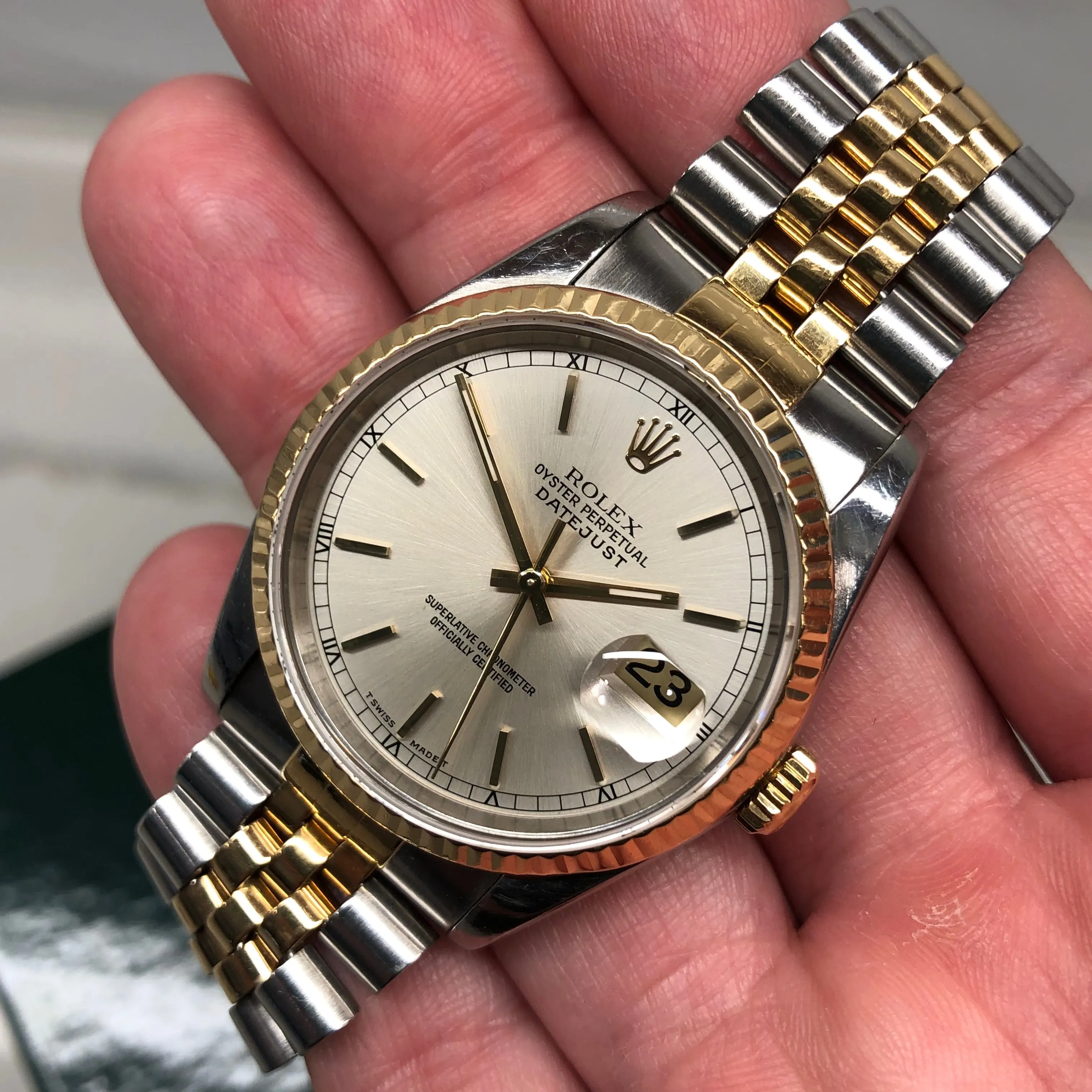 1990 Rolex Datejust 16233 Silver Stainless Steel Gold Two Tone Jubilee Wristwatch