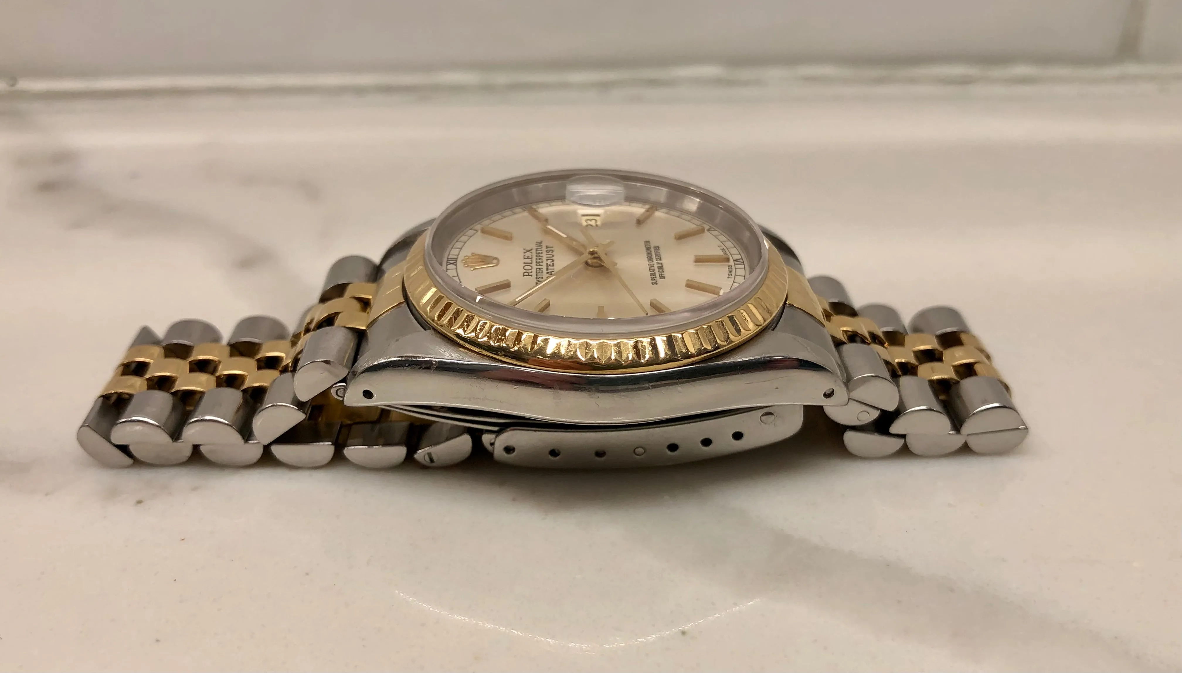 1990 Rolex Datejust 16233 Silver Stainless Steel Gold Two Tone Jubilee Wristwatch