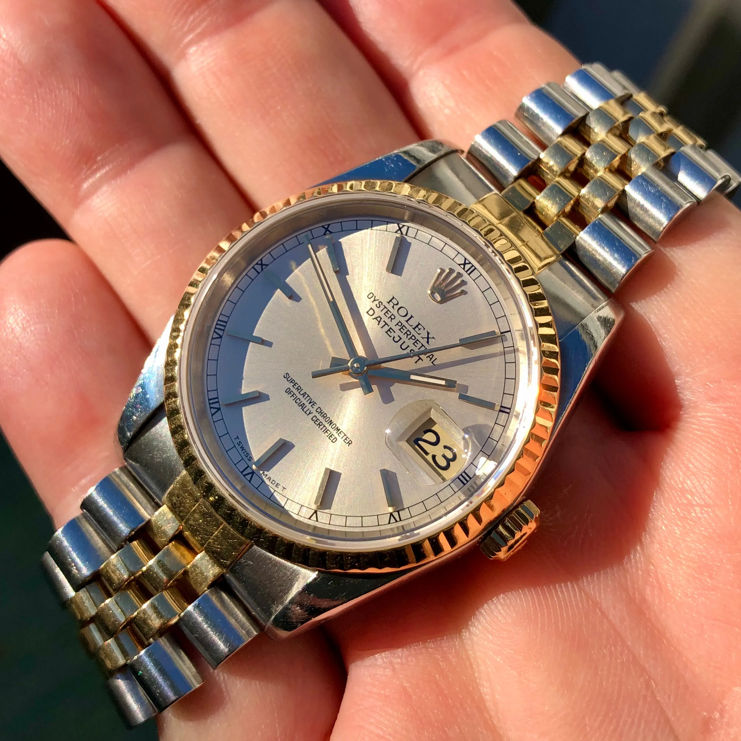 1990 Rolex Datejust 16233 Silver Stainless Steel Gold Two Tone Jubilee Wristwatch