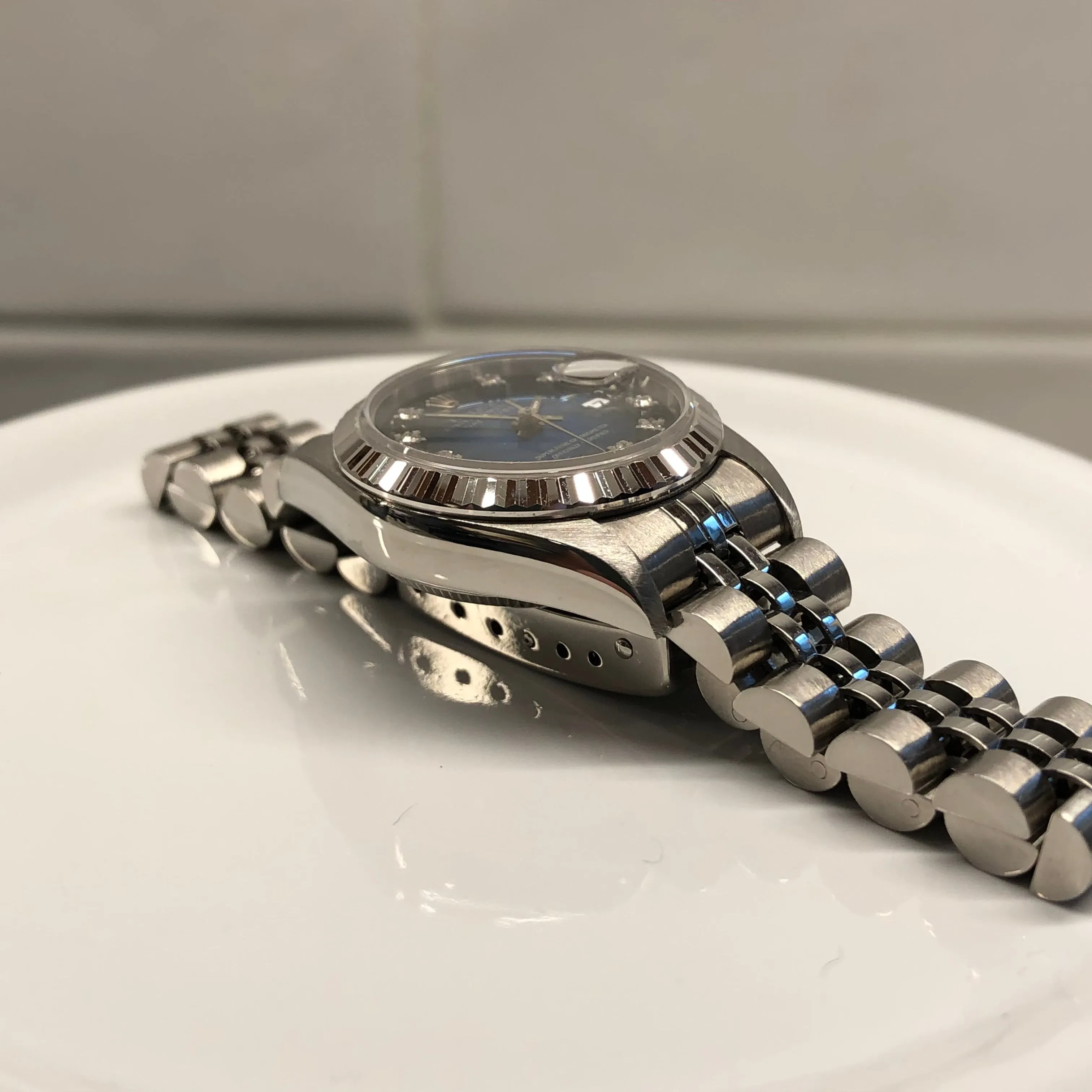 1994 Rolex Datejust 69174 Blue Vignette Serti Diamond Dial Factory Jubilee Steel Wristwatch with Box and Papers