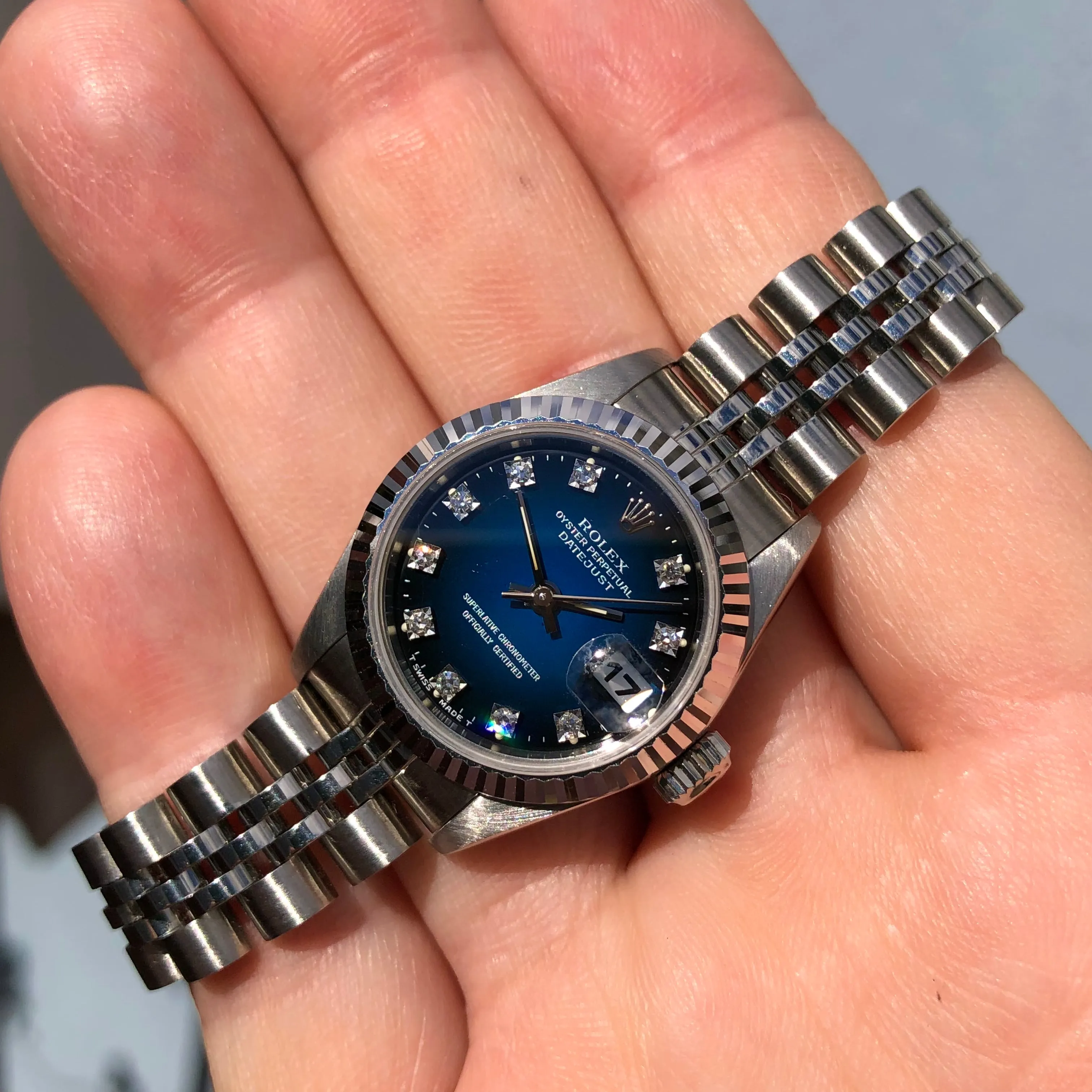 1994 Rolex Datejust 69174 Blue Vignette Serti Diamond Dial Factory Jubilee Steel Wristwatch with Box and Papers