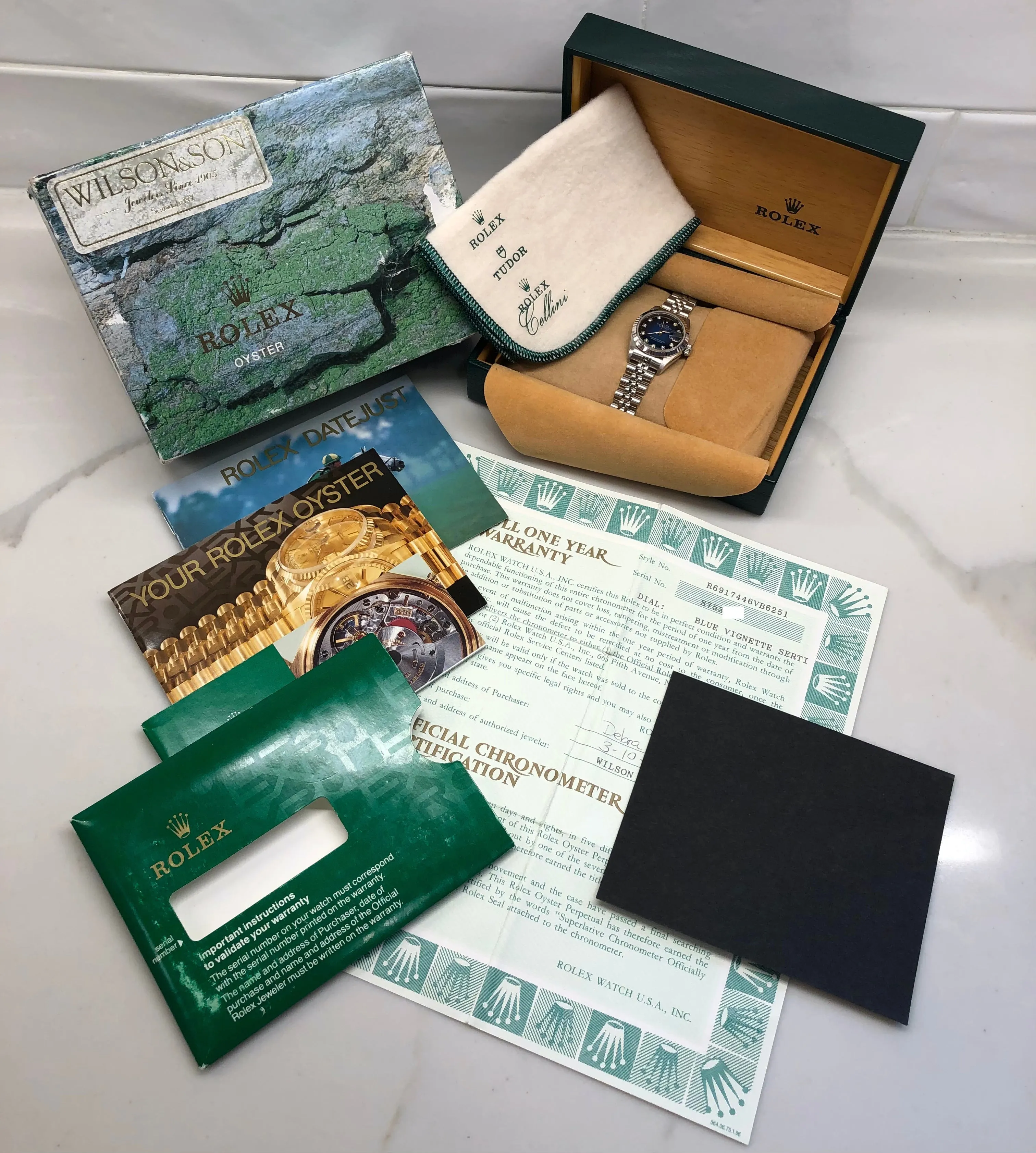 1994 Rolex Datejust 69174 Blue Vignette Serti Diamond Dial Factory Jubilee Steel Wristwatch with Box and Papers