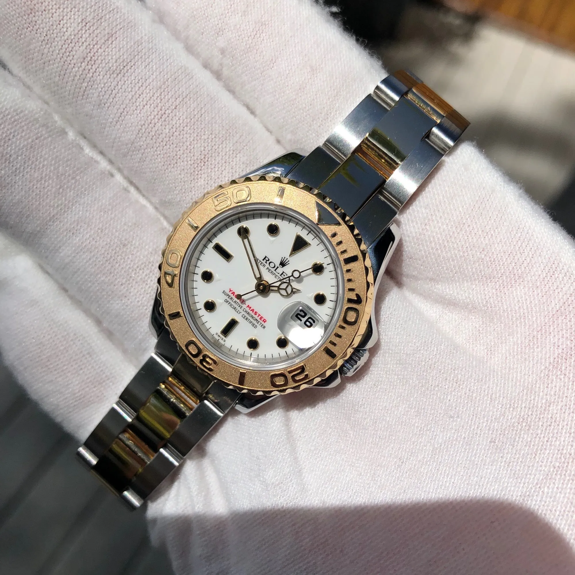 1997 Rolex Yachtmaster 69623 Ladies Two Tone Steel Gold White Oyster Wristwatch Box Papers