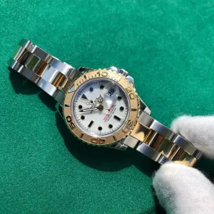 1997 Rolex Yachtmaster 69623 Ladies Two Tone Steel Gold White Oyster Wristwatch Box Papers