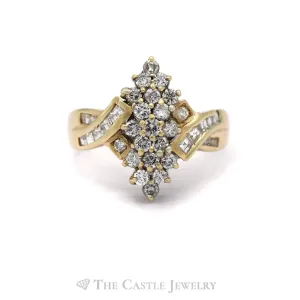 1CTTW Marquise Shaped Round and Princess Cut Diamond Ring in 14KT Yellow Gold