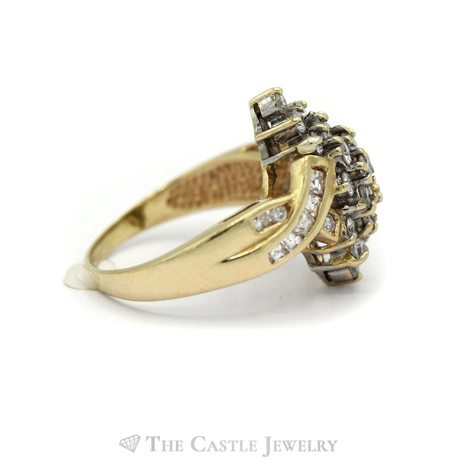 1CTTW Marquise Shaped Round and Princess Cut Diamond Ring in 14KT Yellow Gold