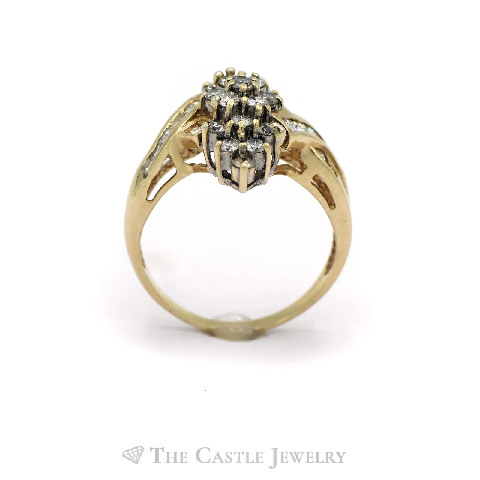 1CTTW Marquise Shaped Round and Princess Cut Diamond Ring in 14KT Yellow Gold