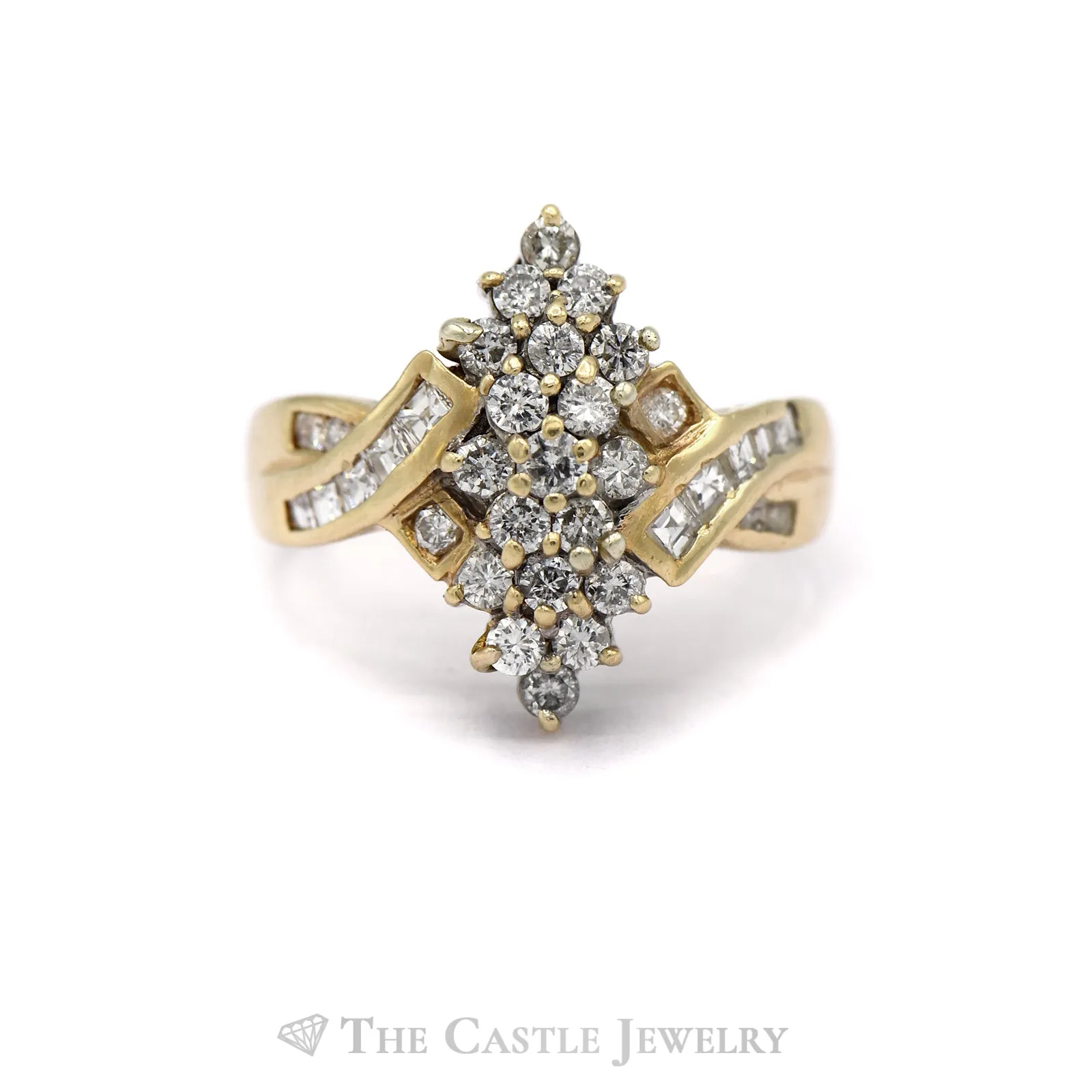 1CTTW Marquise Shaped Round and Princess Cut Diamond Ring in 14KT Yellow Gold