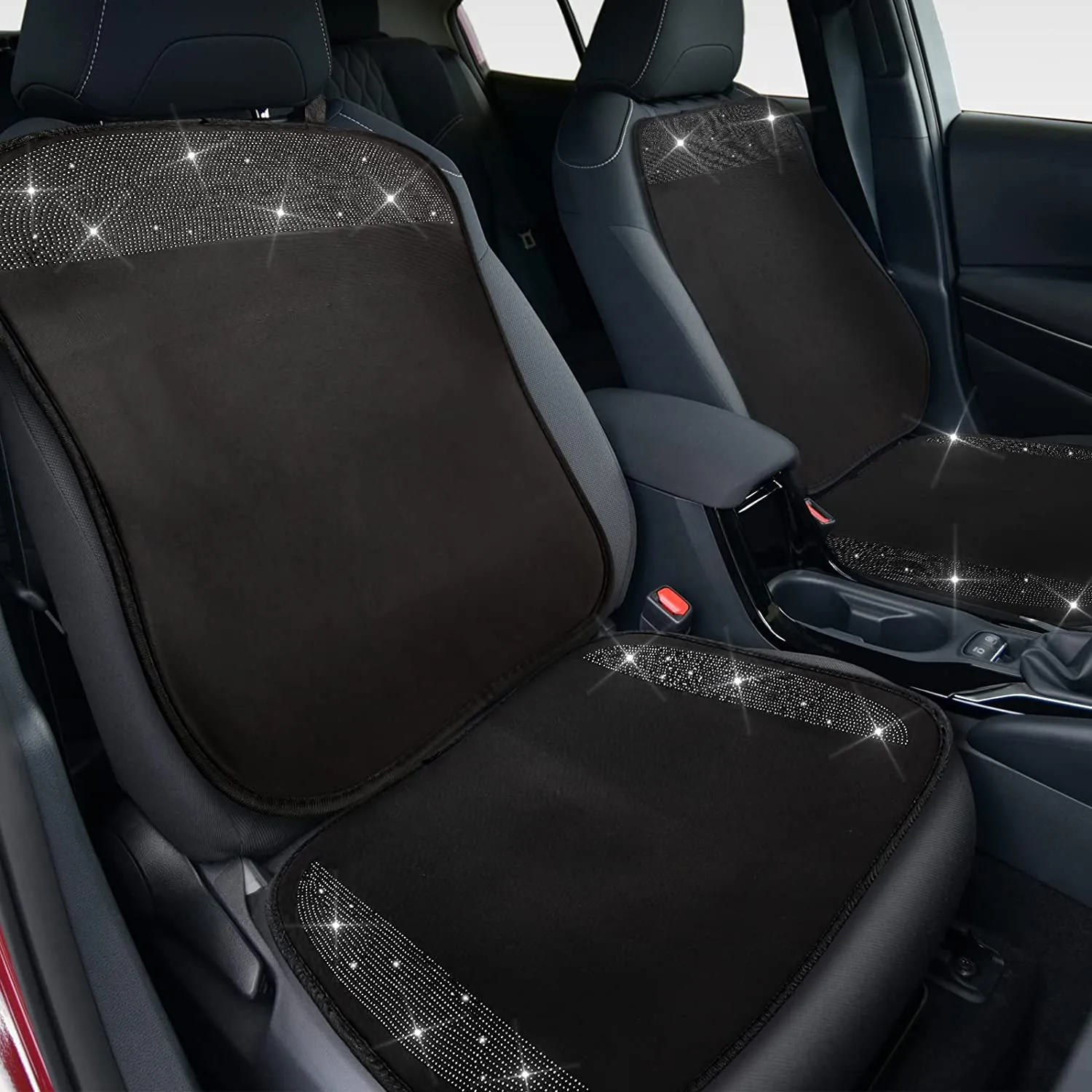 2 Pair Bling Car Seat Covers for Women Girls Rubber Black Front Seat Cover with Crystal Diamond Rhinestone Breathable Car Seat Protectors Fit Most Cars