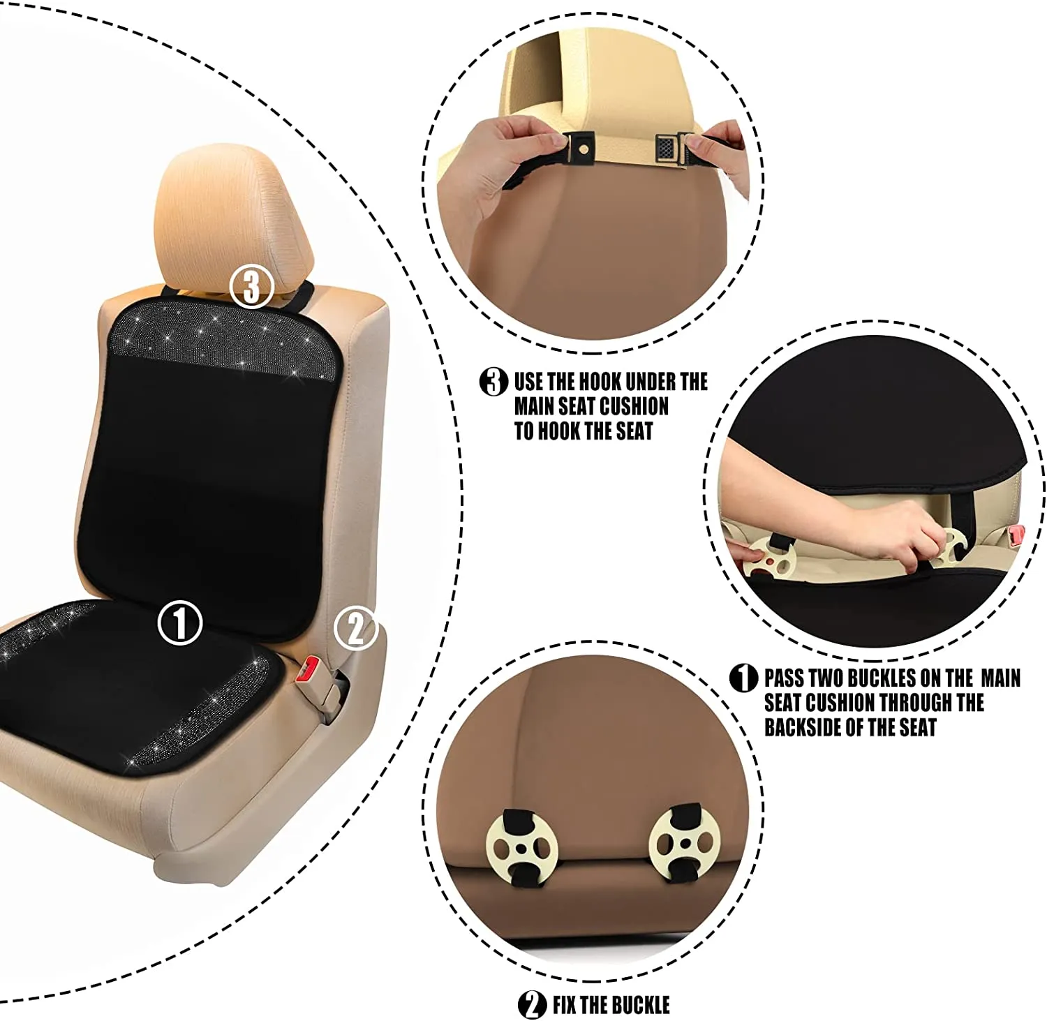2 Pair Bling Car Seat Covers for Women Girls Rubber Black Front Seat Cover with Crystal Diamond Rhinestone Breathable Car Seat Protectors Fit Most Cars