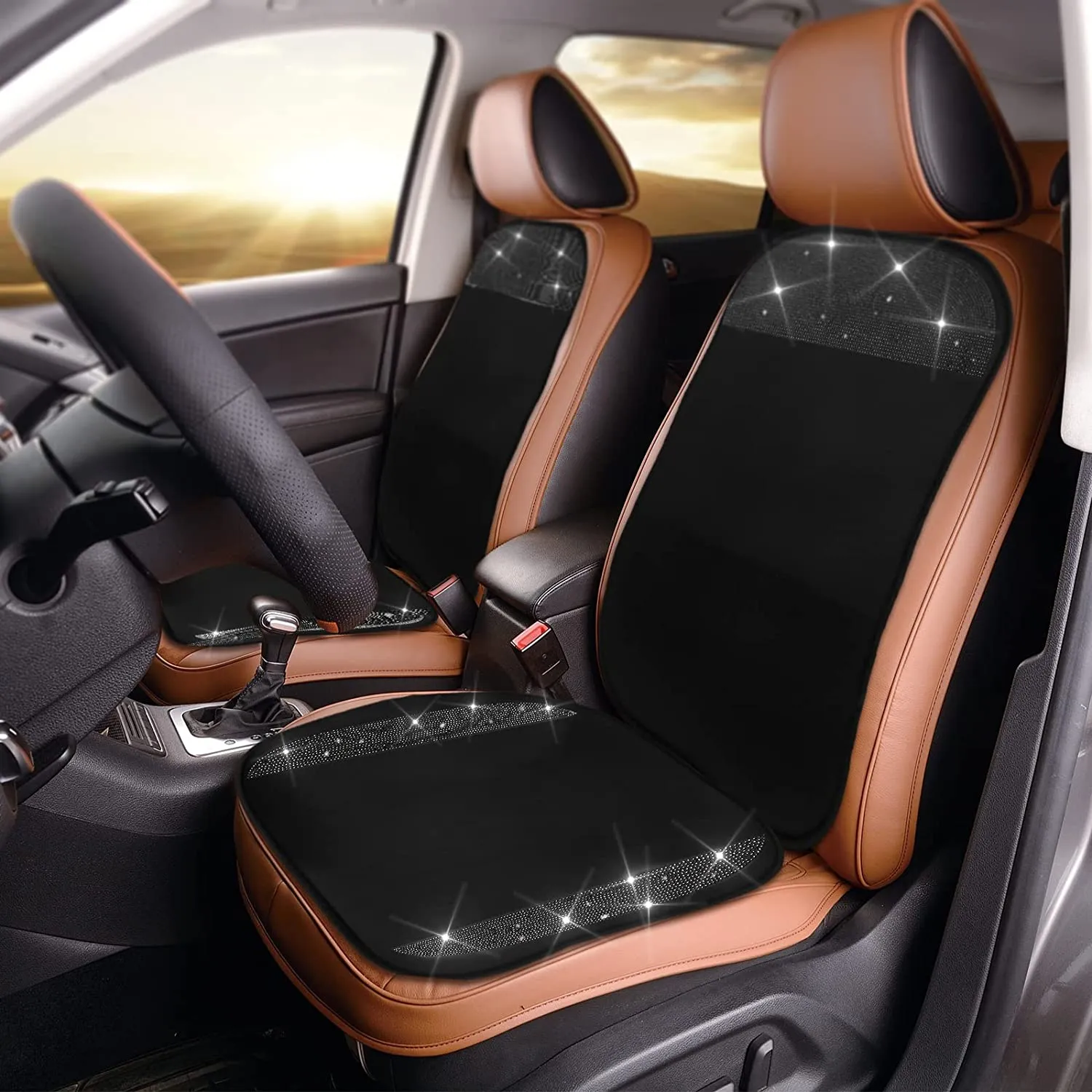 2 Pair Bling Car Seat Covers for Women Girls Rubber Black Front Seat Cover with Crystal Diamond Rhinestone Breathable Car Seat Protectors Fit Most Cars