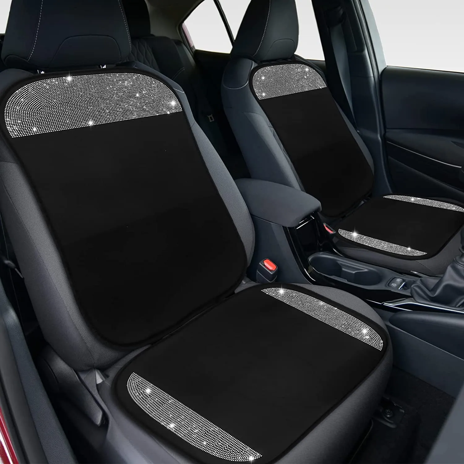 2 Pair Bling Car Seat Covers for Women Girls Rubber Black Front Seat Cover with Crystal Diamond Rhinestone Breathable Car Seat Protectors Fit Most Cars