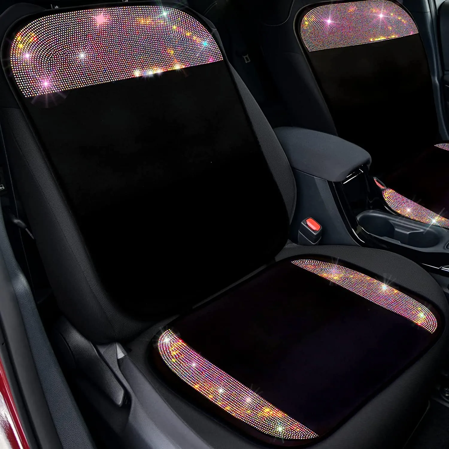 2 Pair Bling Car Seat Covers for Women Girls Rubber Black Front Seat Cover with Crystal Diamond Rhinestone Breathable Car Seat Protectors Fit Most Cars