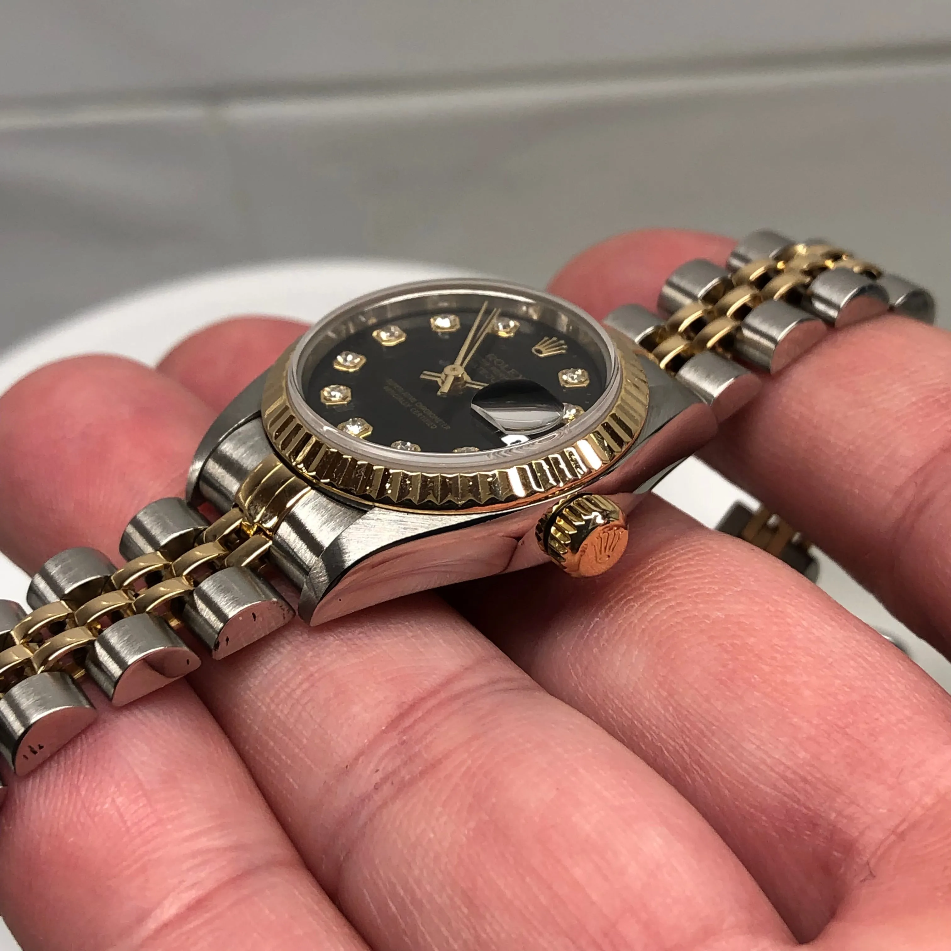 2000 Rolex Ladies Datejust 79173 Two Tone Black Diamond Dial Jubilee No Holes Case Automatic Wristwatch