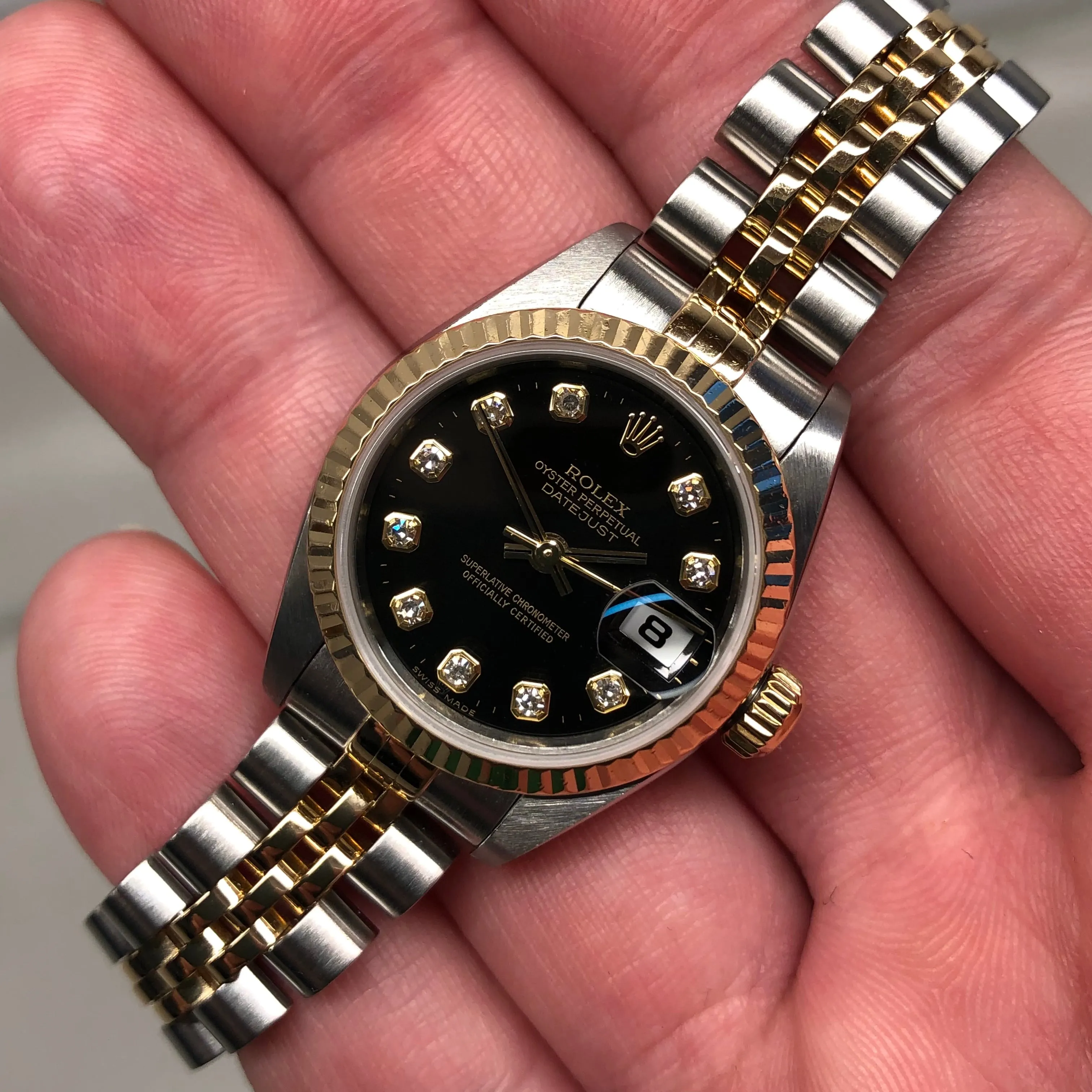 2000 Rolex Ladies Datejust 79173 Two Tone Black Diamond Dial Jubilee No Holes Case Automatic Wristwatch