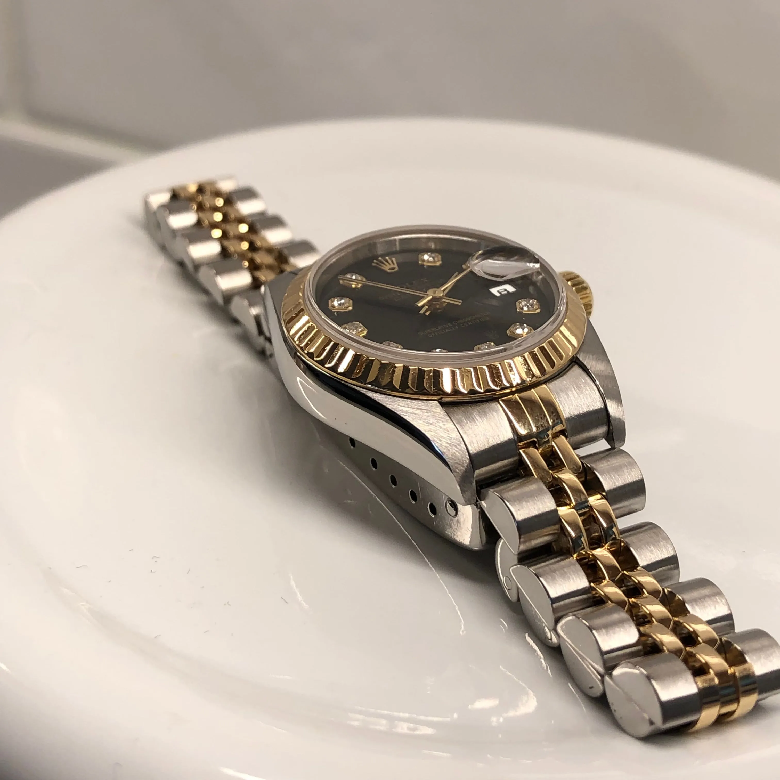 2000 Rolex Ladies Datejust 79173 Two Tone Black Diamond Dial Jubilee No Holes Case Automatic Wristwatch