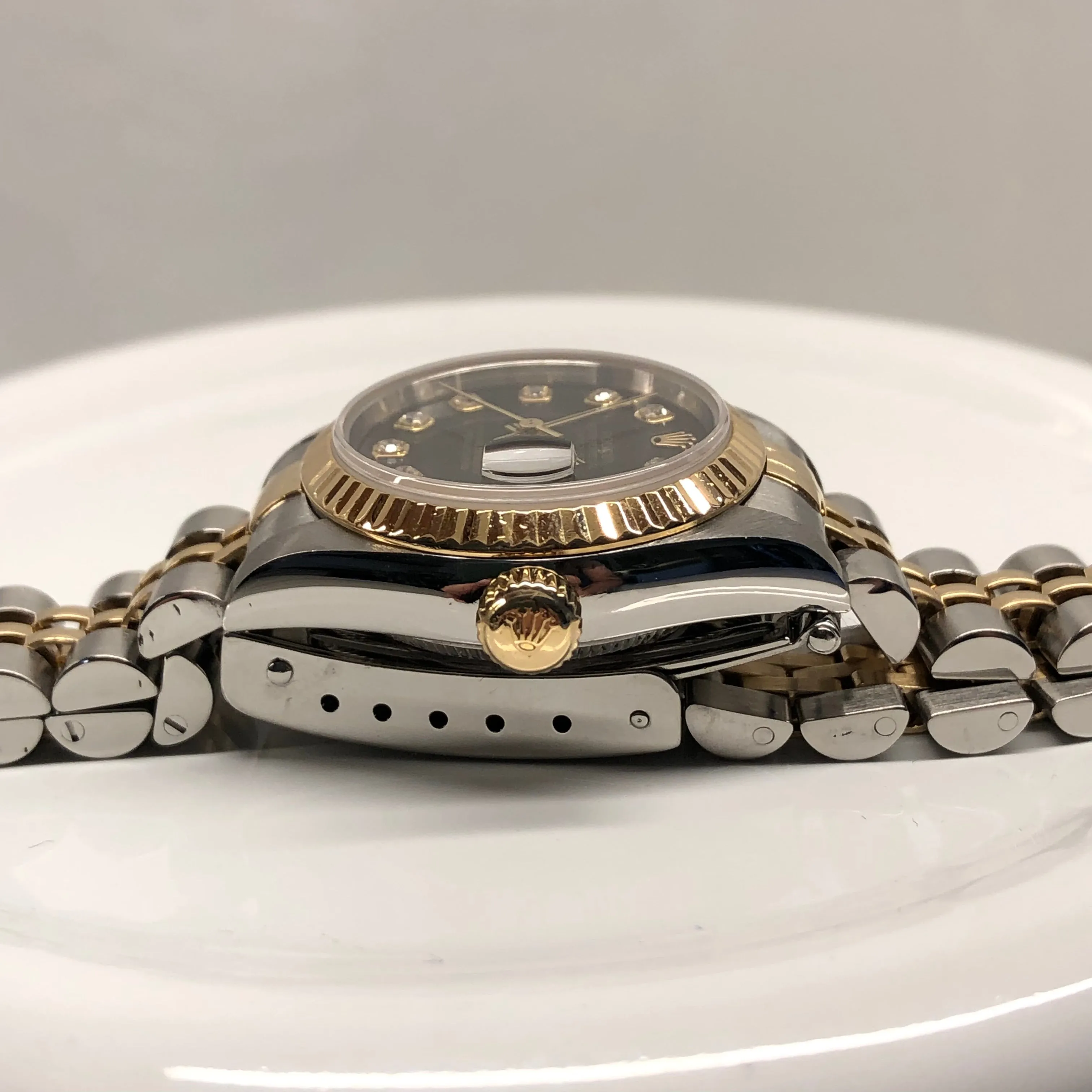 2000 Rolex Ladies Datejust 79173 Two Tone Black Diamond Dial Jubilee No Holes Case Automatic Wristwatch