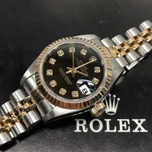 2000 Rolex Ladies Datejust 79173 Two Tone Black Diamond Dial Jubilee No Holes Case Automatic Wristwatch