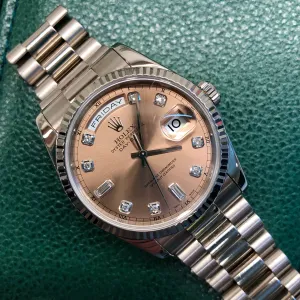 2000 Rolex President 118239 Day Date 18K White Gold Bronze Diamond Roman Dial Wristwatch