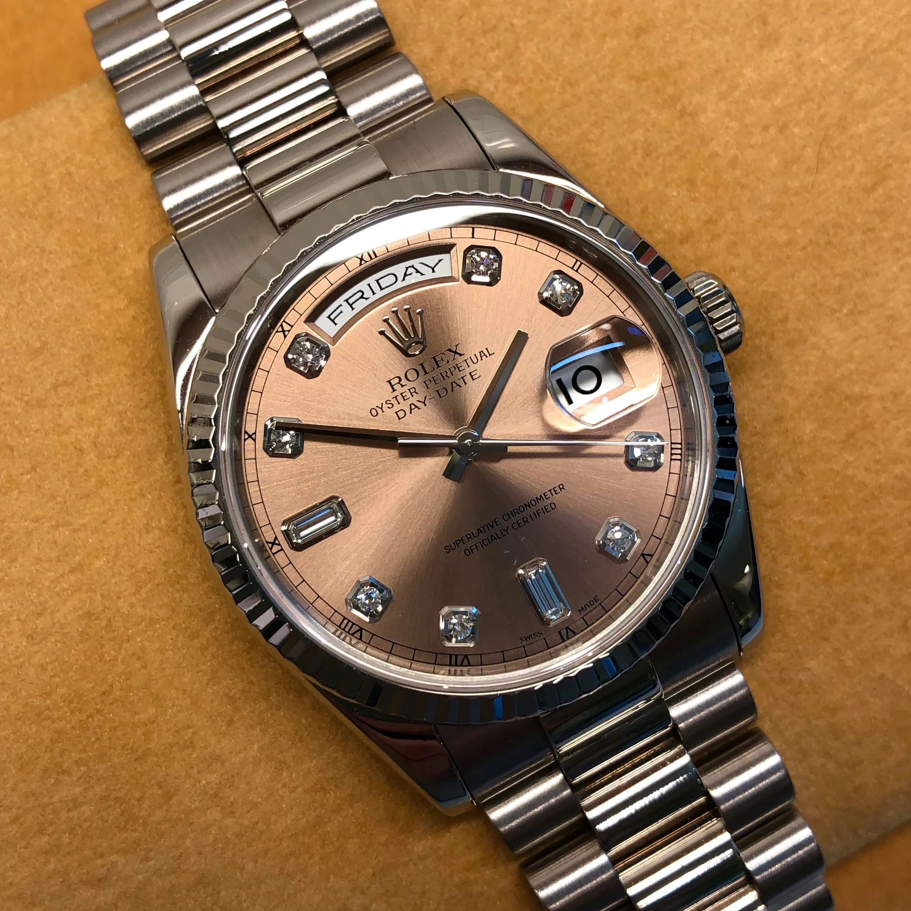 2000 Rolex President 118239 Day Date 18K White Gold Bronze Diamond Roman Dial Wristwatch