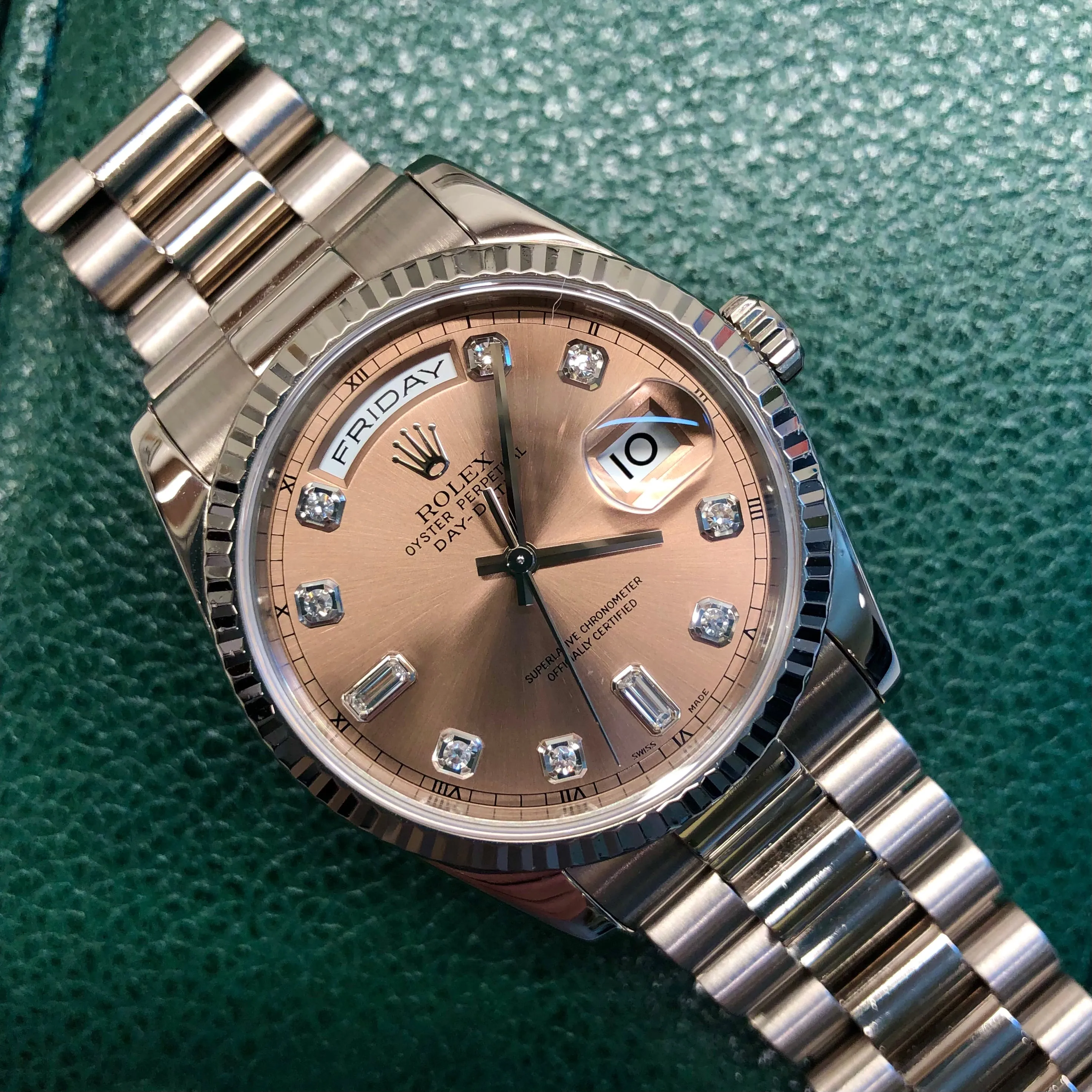 2000 Rolex President 118239 Day Date 18K White Gold Bronze Diamond Roman Dial Wristwatch