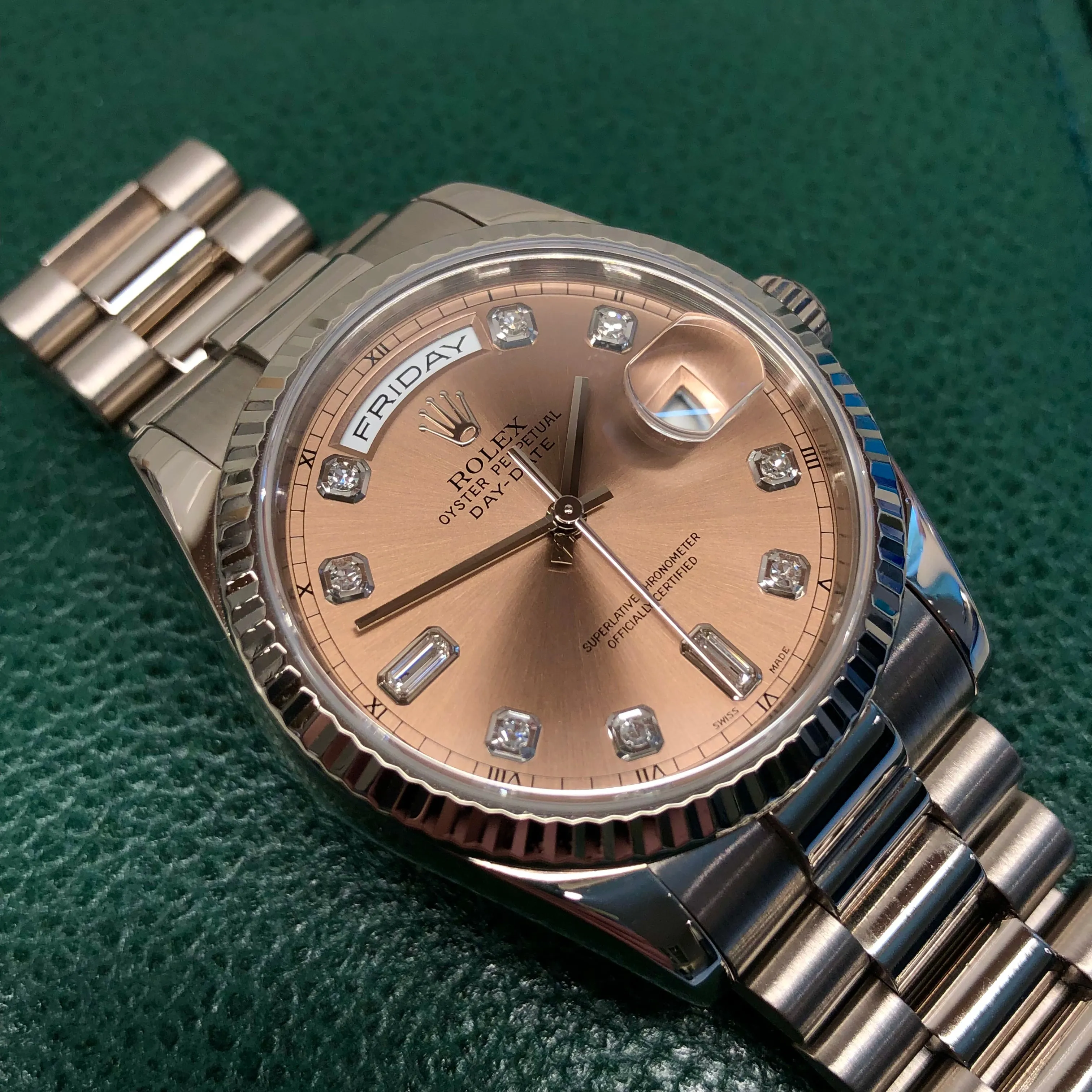 2000 Rolex President 118239 Day Date 18K White Gold Bronze Diamond Roman Dial Wristwatch