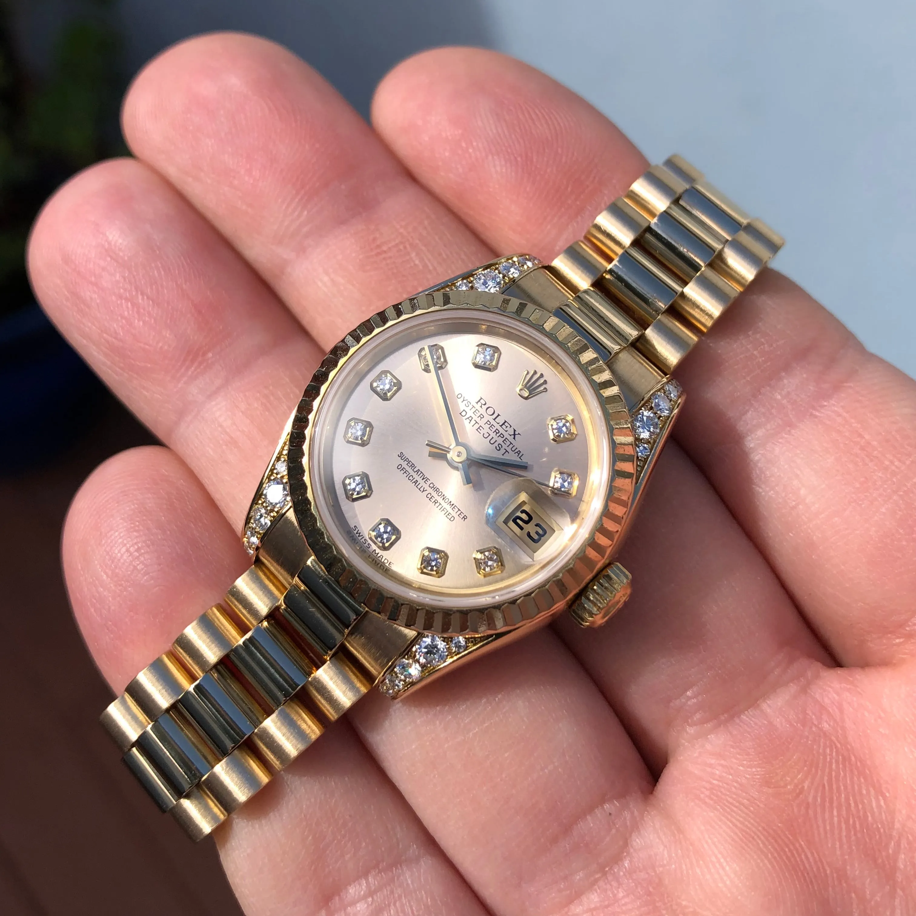 2001 Rolex Datejust 179238 Ladies President Diamond Lugs and Dial Yellow Gold Wristwatch