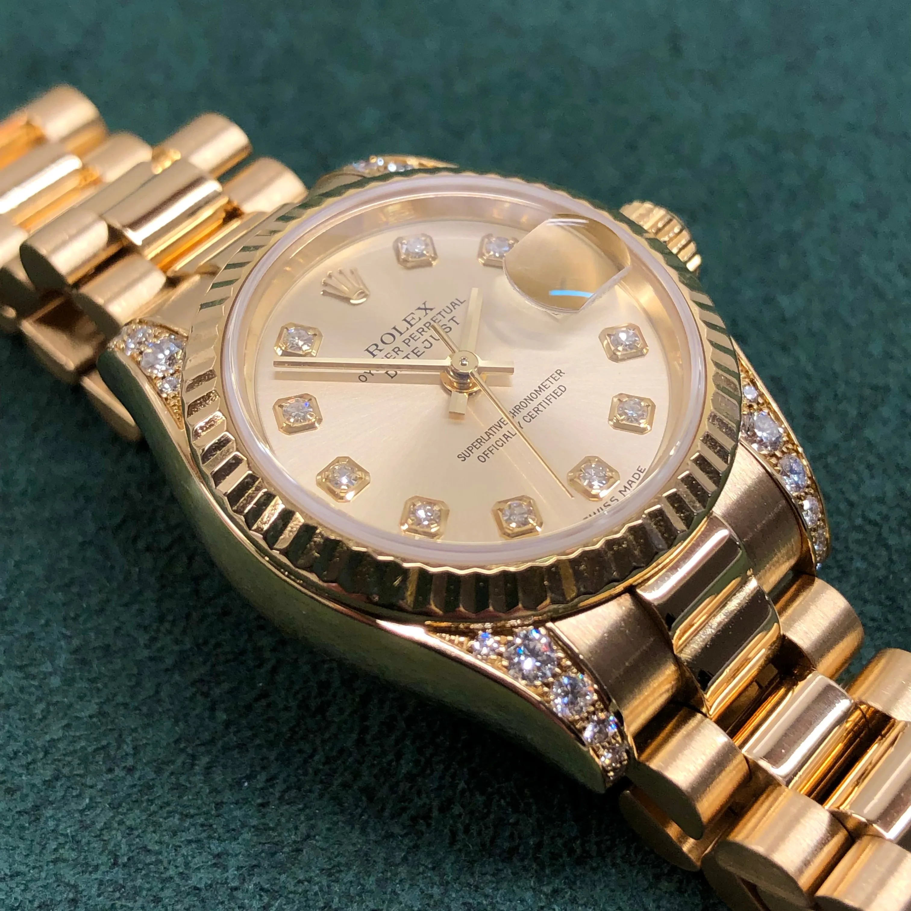 2001 Rolex Datejust 179238 Ladies President Diamond Lugs and Dial Yellow Gold Wristwatch