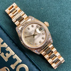 2001 Rolex Datejust 179238 Ladies President Diamond Lugs and Dial Yellow Gold Wristwatch