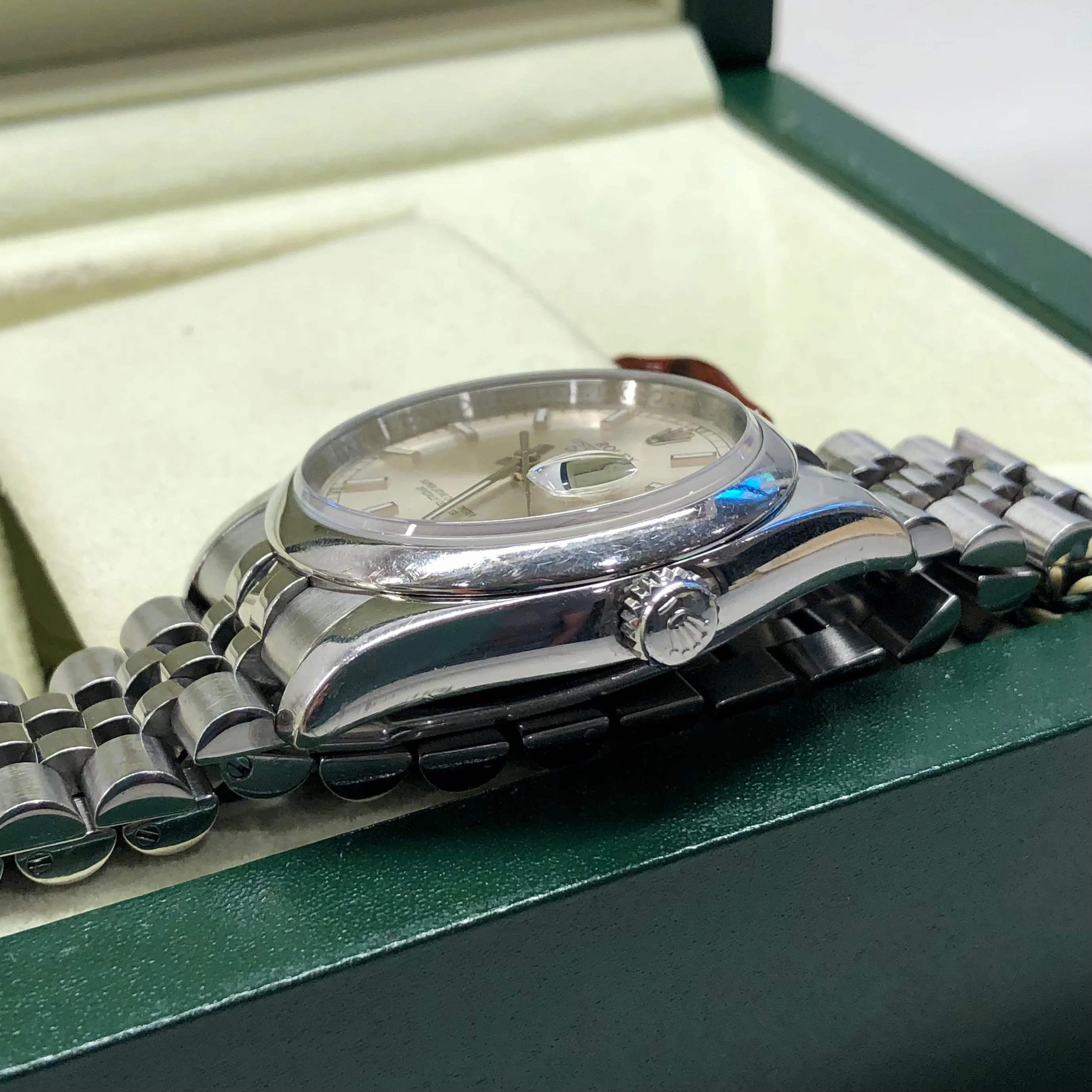 2008 Rolex Datejust 116200 Stainless Steel Silver Dial Hidden Clasp Jubilee Automatic Wristwatch with Box and Papers