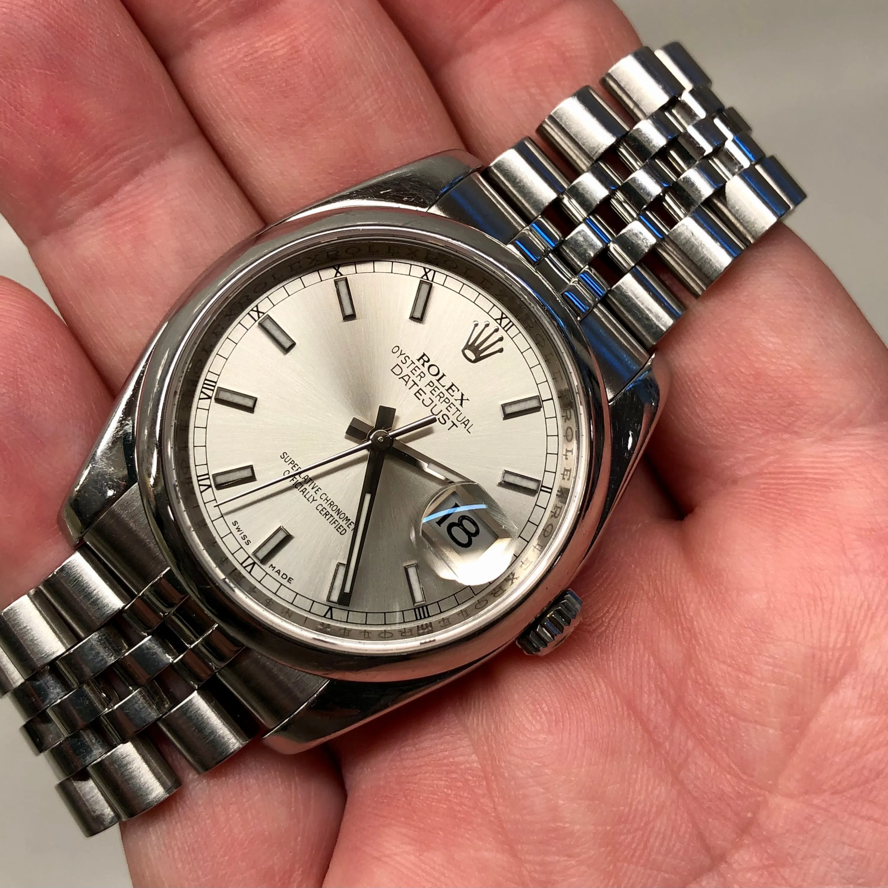 2008 Rolex Datejust 116200 Stainless Steel Silver Dial Hidden Clasp Jubilee Automatic Wristwatch with Box and Papers