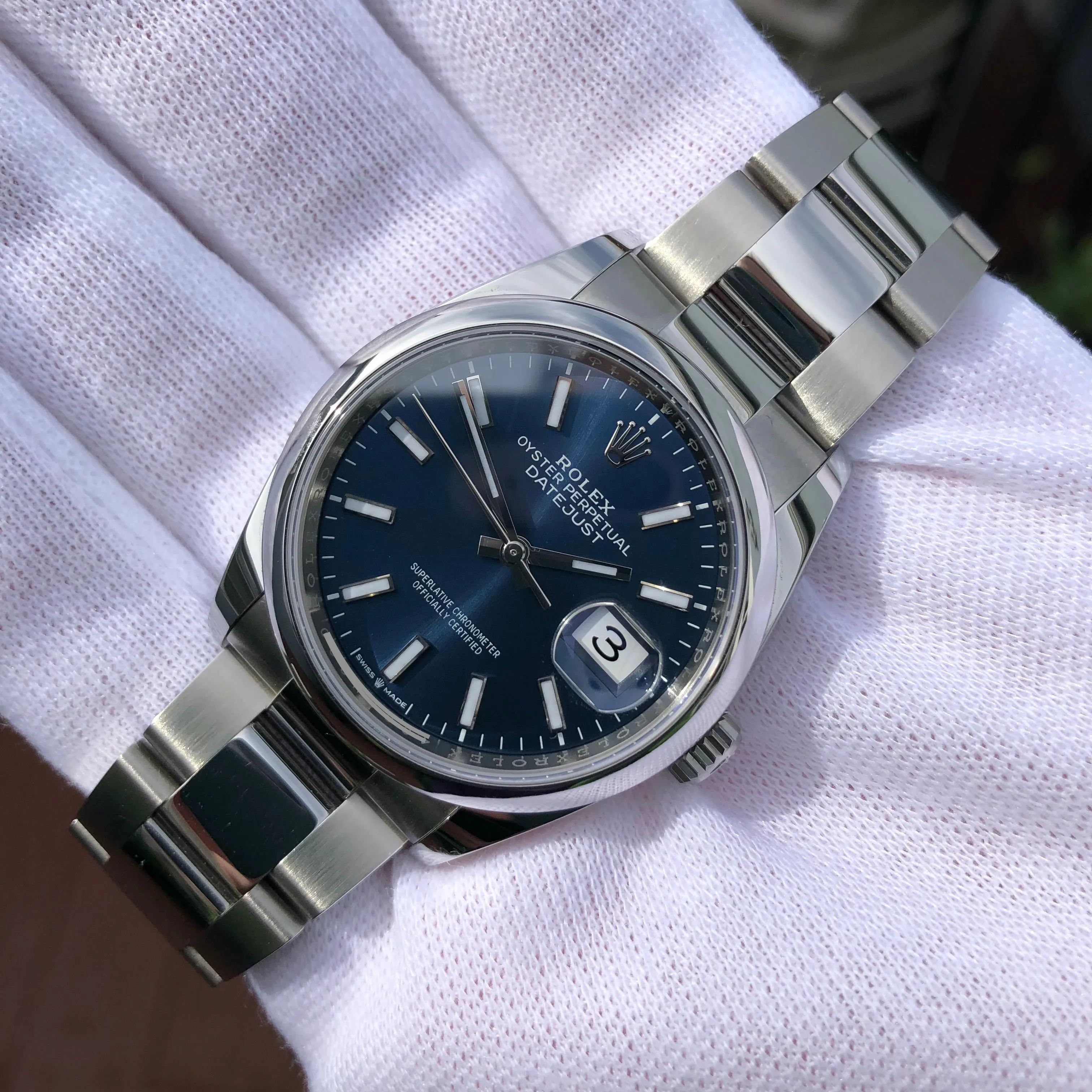 2021 Rolex Datejust 126200 Blue Stick Smooth 36mm Steel Oyster Watch Box Papers