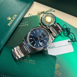 2021 Rolex Datejust 126200 Blue Stick Smooth 36mm Steel Oyster Watch Box Papers